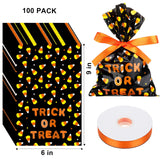 🎁 100 Pack Candy Corn Cello Bags with Ribbon – Halloween & Holiday Treat Bags (9x6 Inches, Includes 22-Yard Ribbon Roll)