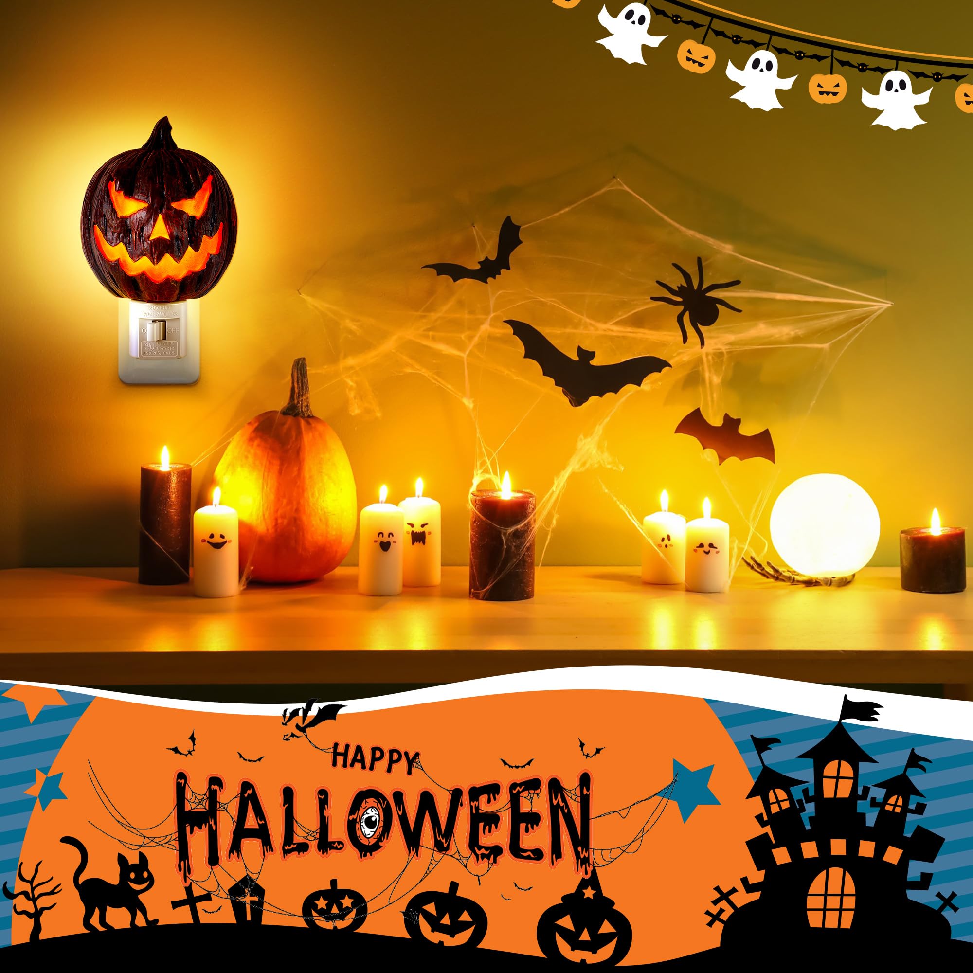 Halloween Plug-In Pumpkin Night Light – Orange Fireproof ABS Wall Lamp with Swivel Plug & C7 LED Bulb (5.1" Compact Design)