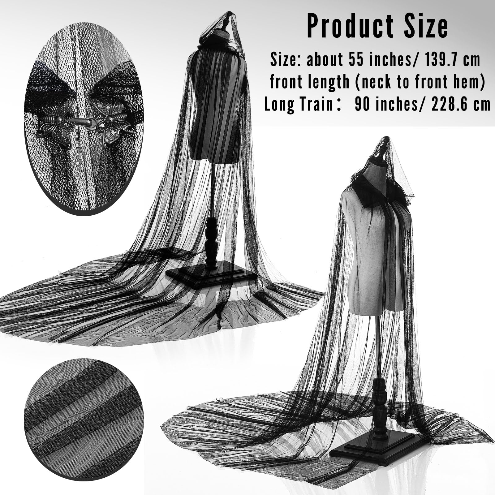 Women’s Long Black Hooded Cloak – Gothic Tulle Cape with Metal Buckle for Halloween, Cosplay & Weddings