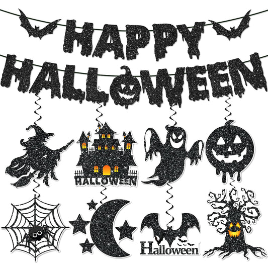 Happy Halloween Banner & Hanging Swirl Set – 17PCS Black & Orange Ceiling Decorations with Glitter Foil