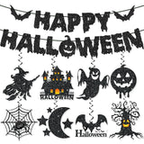 Happy Halloween Banner & Hanging Swirl Set – 17PCS Black & Orange Ceiling Decorations with Glitter Foil