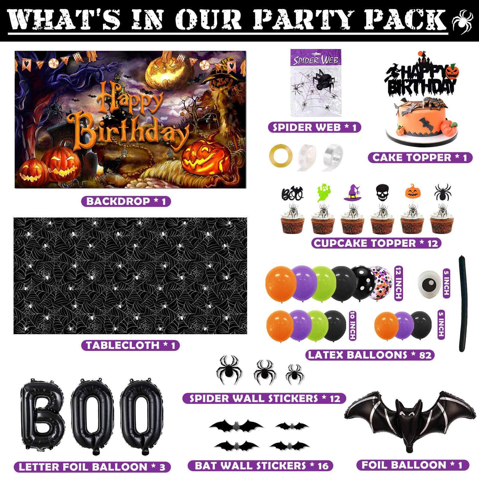 Halloween Birthday Decorations Party Supplies Halloween Themed Party Favors 105 Pcs Including Spider Web, Backdrop, Tablecloth, Cake Toppers, Spider Bat Wall Stickers, Balloons Arch and kit