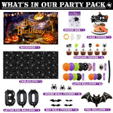 Halloween Birthday Decorations Party Supplies Halloween Themed Party Favors 105 Pcs Including Spider Web, Backdrop, Tablecloth, Cake Toppers, Spider Bat Wall Stickers, Balloons Arch and kit