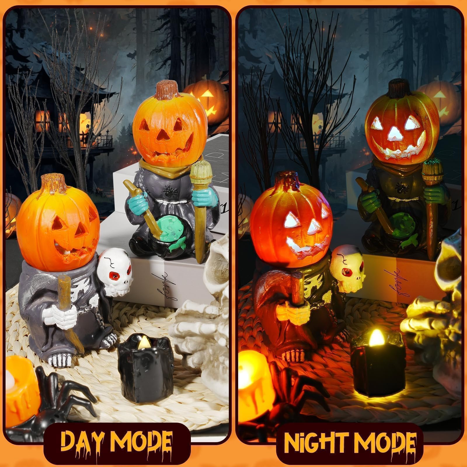 Vintage Halloween Resin Pumpkin Set – Hand-Painted Skeleton & Witch Figurines with Glow Base (Multicolor, 2-Pack)
