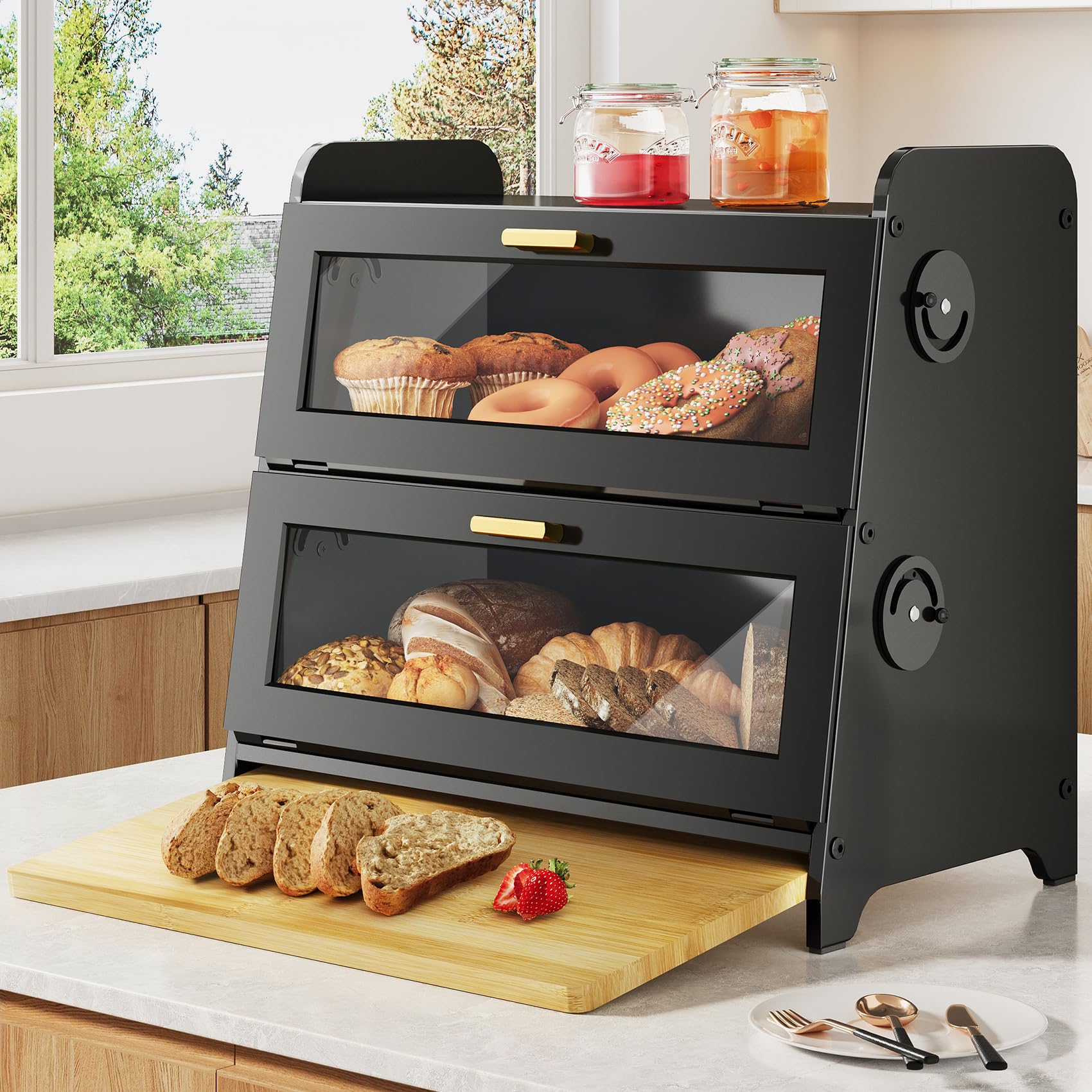 Large 2-Tier Bread Box with Adjustable Ventilation – Magnetic Door Bamboo Tray Bread Storage (Black)