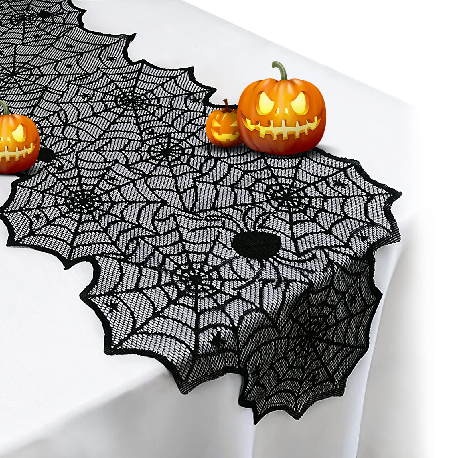 Halloween Spider Web Table Runner – 18x72 Inch Black Lace Tablecloth for Halloween Party Decorations (Reusable Cobweb Design)