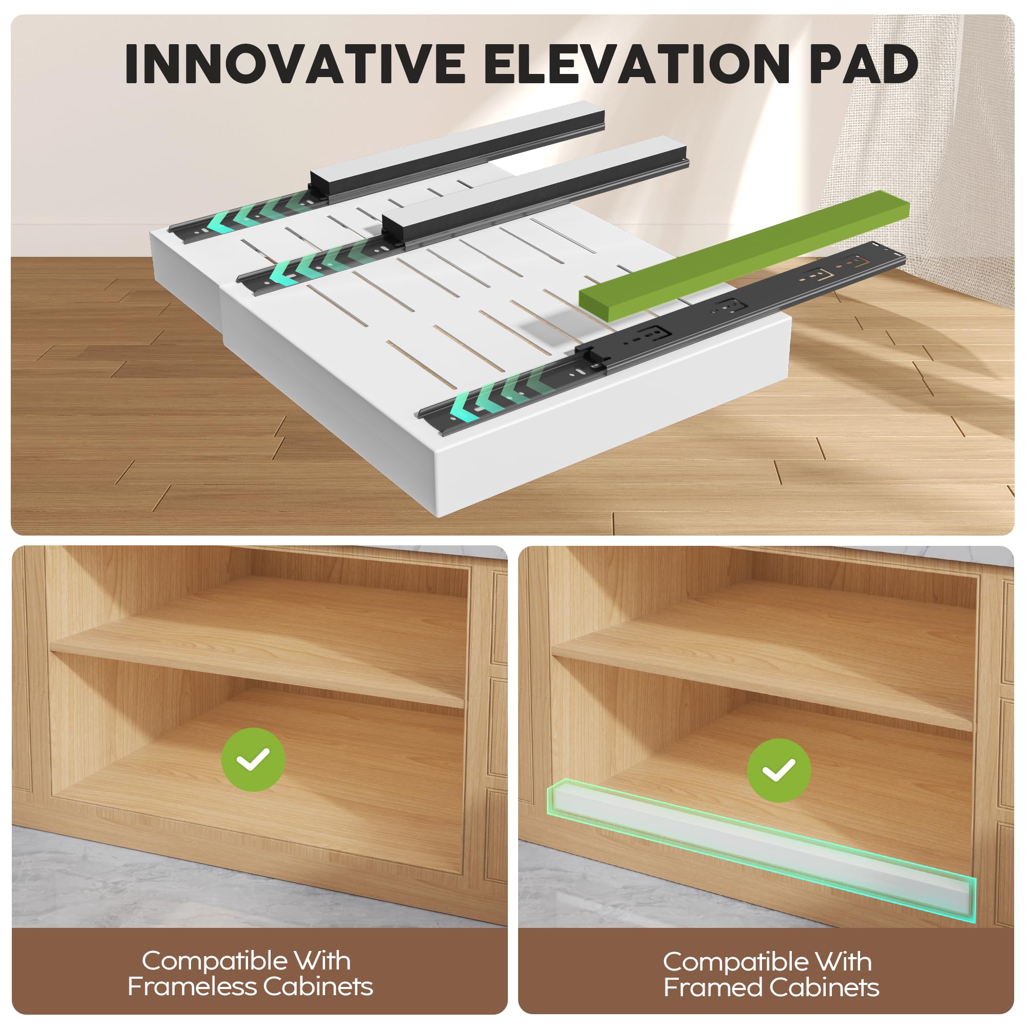 Expandable Pull-Out Cabinet Organizer – Silent 3-Rail Slide-Out Shelves with Raising Pads (White, 2-Pack)