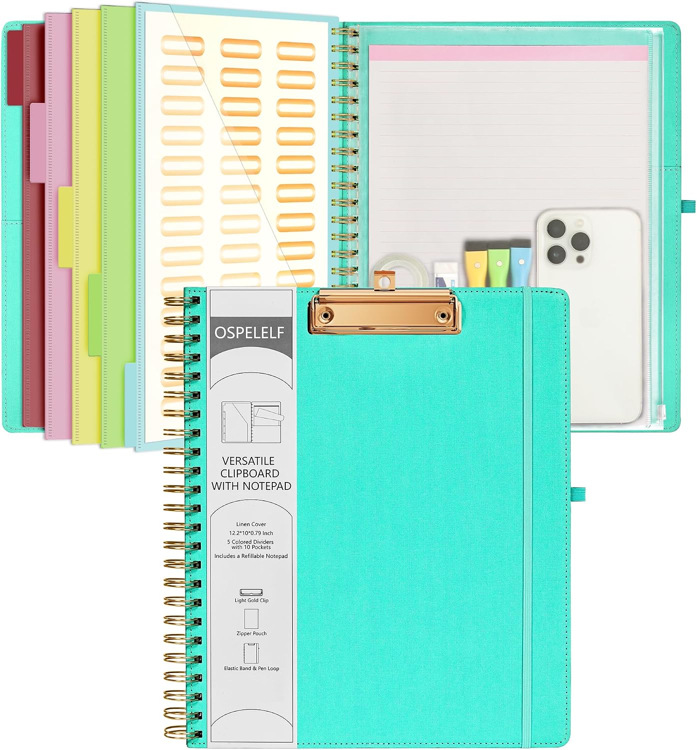Purple Foldable Clipboard Folio with 10 Storage Pockets