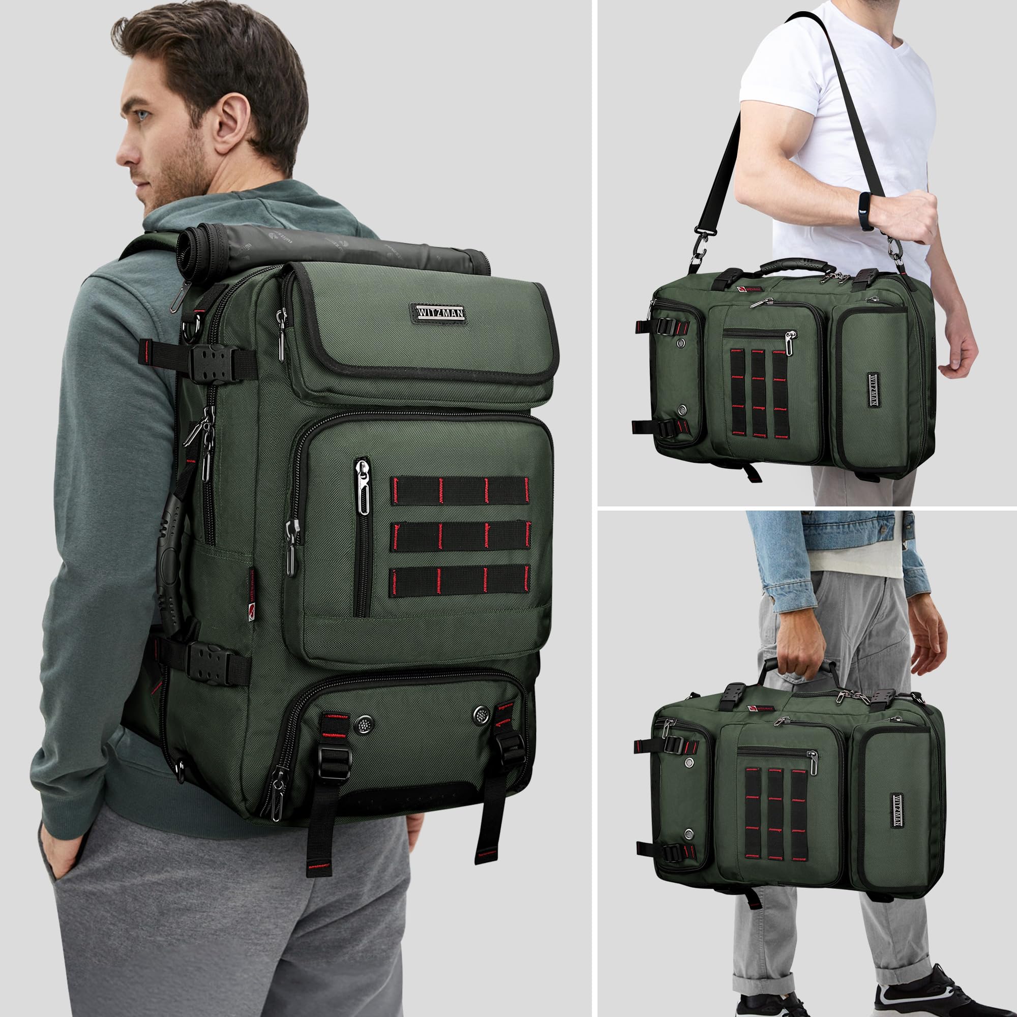 Witzman Airline-Approved Carry-On Travel Backpack Convertible Duffle Bag – Army Green