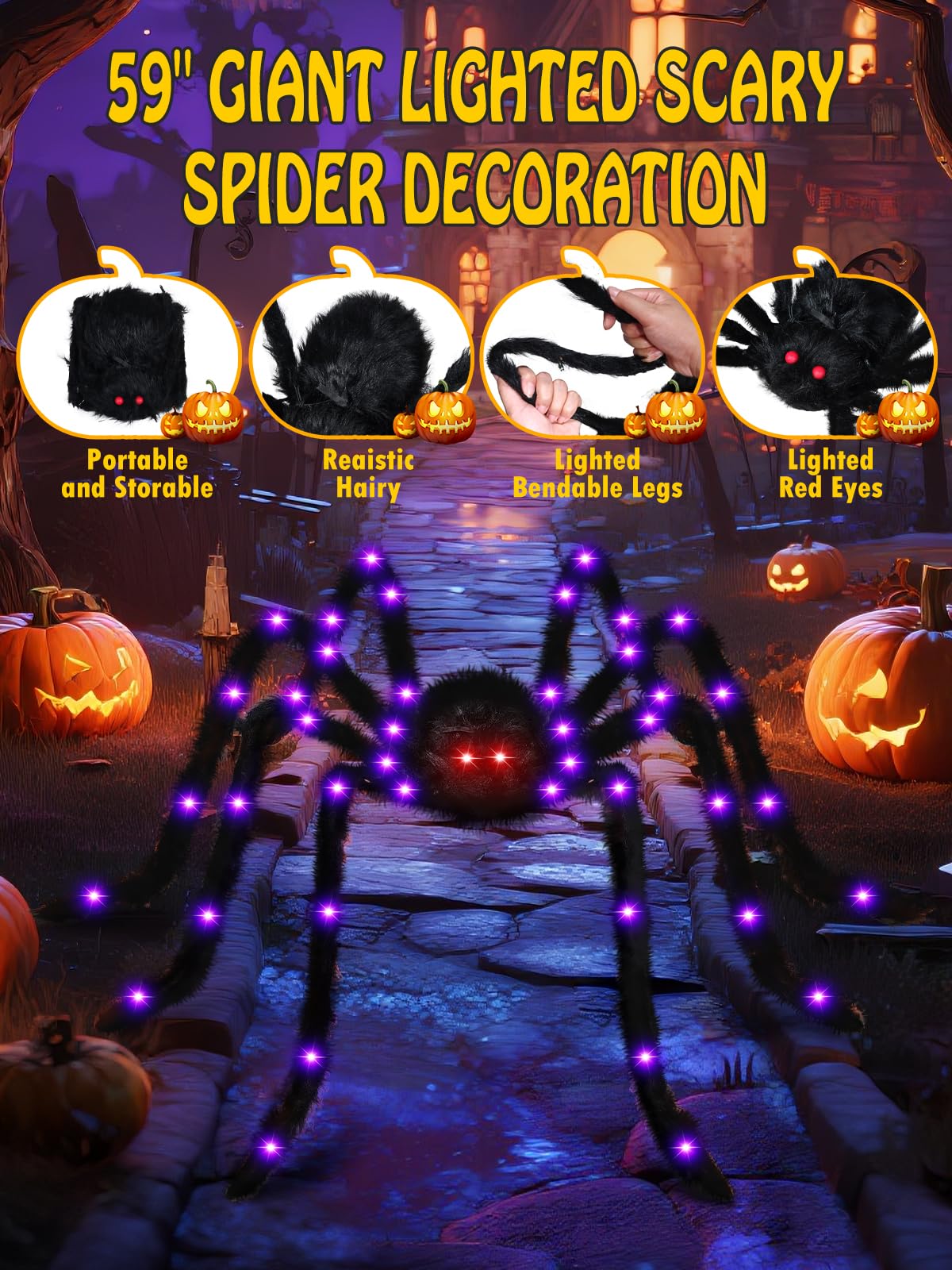 Giant Light-Up Halloween Spider – 59" Black Hairy Spider with 36 LED Purple Lights & Red Eyes