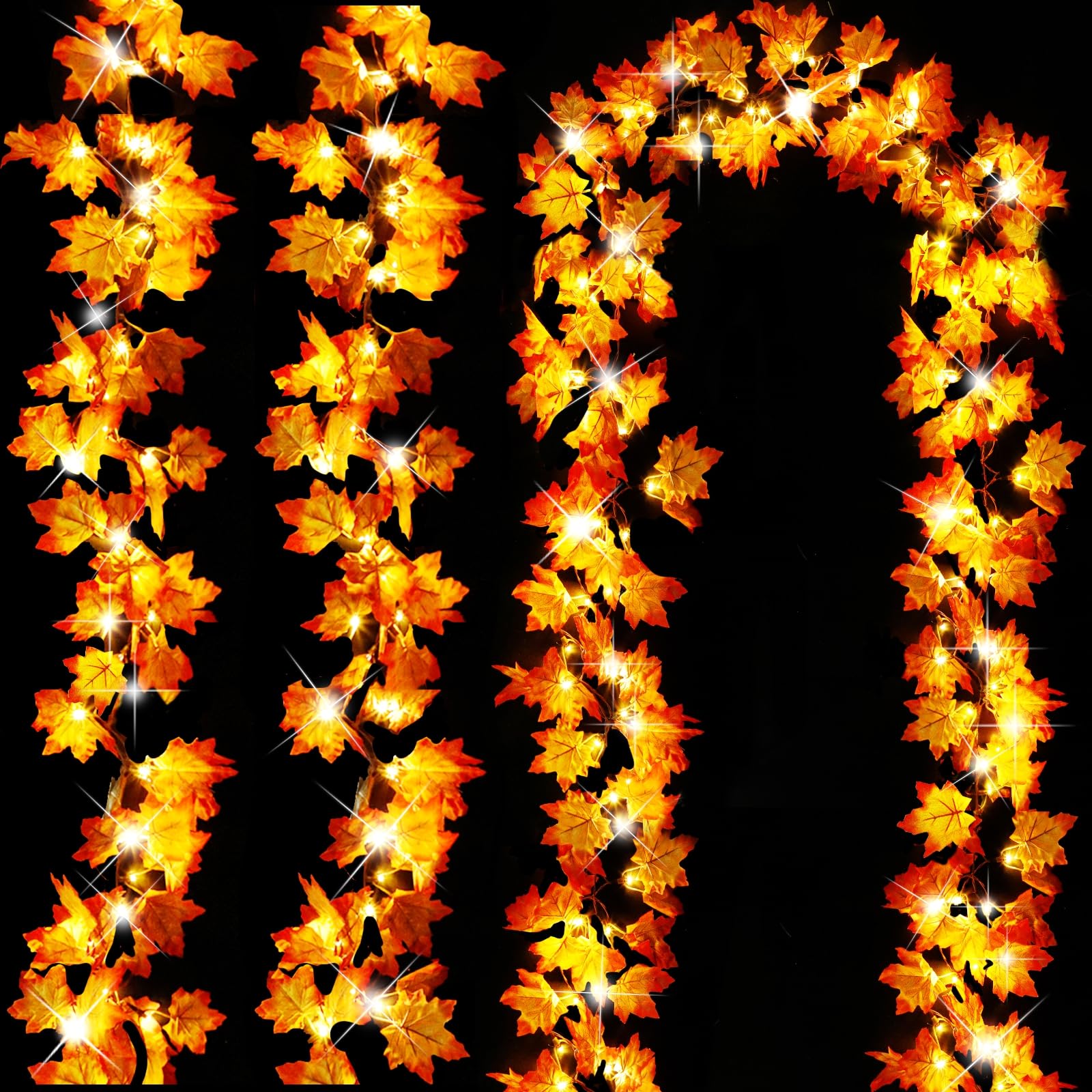 3 Pack Fall Maple Leaf String Lights – 30FT 60 LED Garland with Timer for Halloween & Thanksgiving Décor (Orange & Yellow)