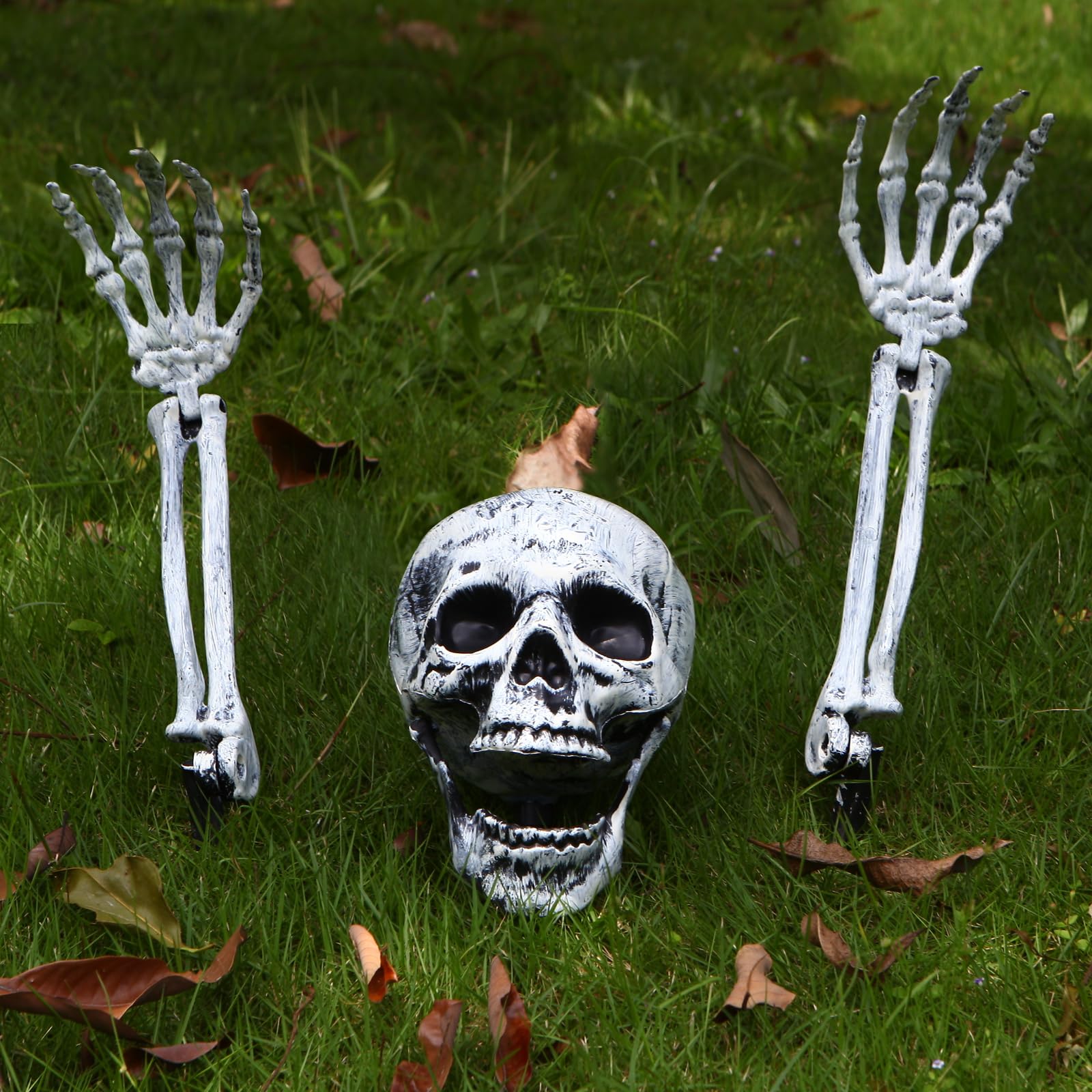 Realistic Skeleton Graveyard Set – Skull, Arms, Spider Web & Stakes for Outdoor Halloween Yard Decor