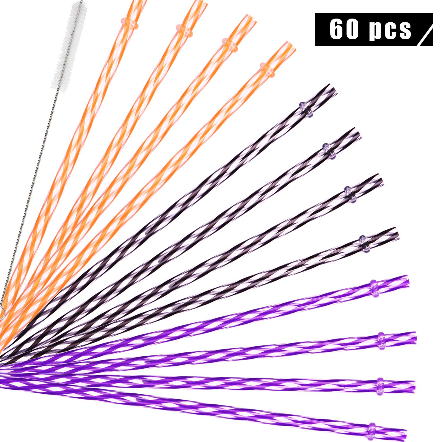 60PCS Halloween Reusable Straws with Cleaning Brush – Orange, Black & Purple Drinking Straws for Parties & Daily Use