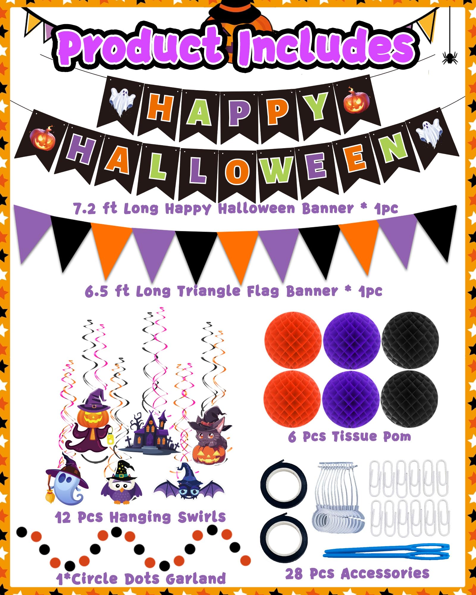 Halloween Party Decoration Set – 7.2ft Banner, Hanging Swirls, Flags & Garland Kit (50+ Pieces) for Indoor & Outdoor Festive Décor