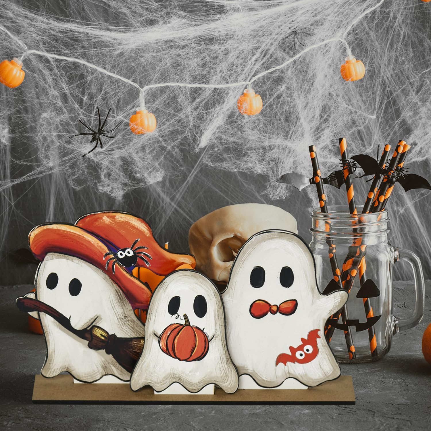 Wooden Ghost Halloween Table Decor Set – 3 Black Wooden Signs with Base for Farmhouse Holiday Display