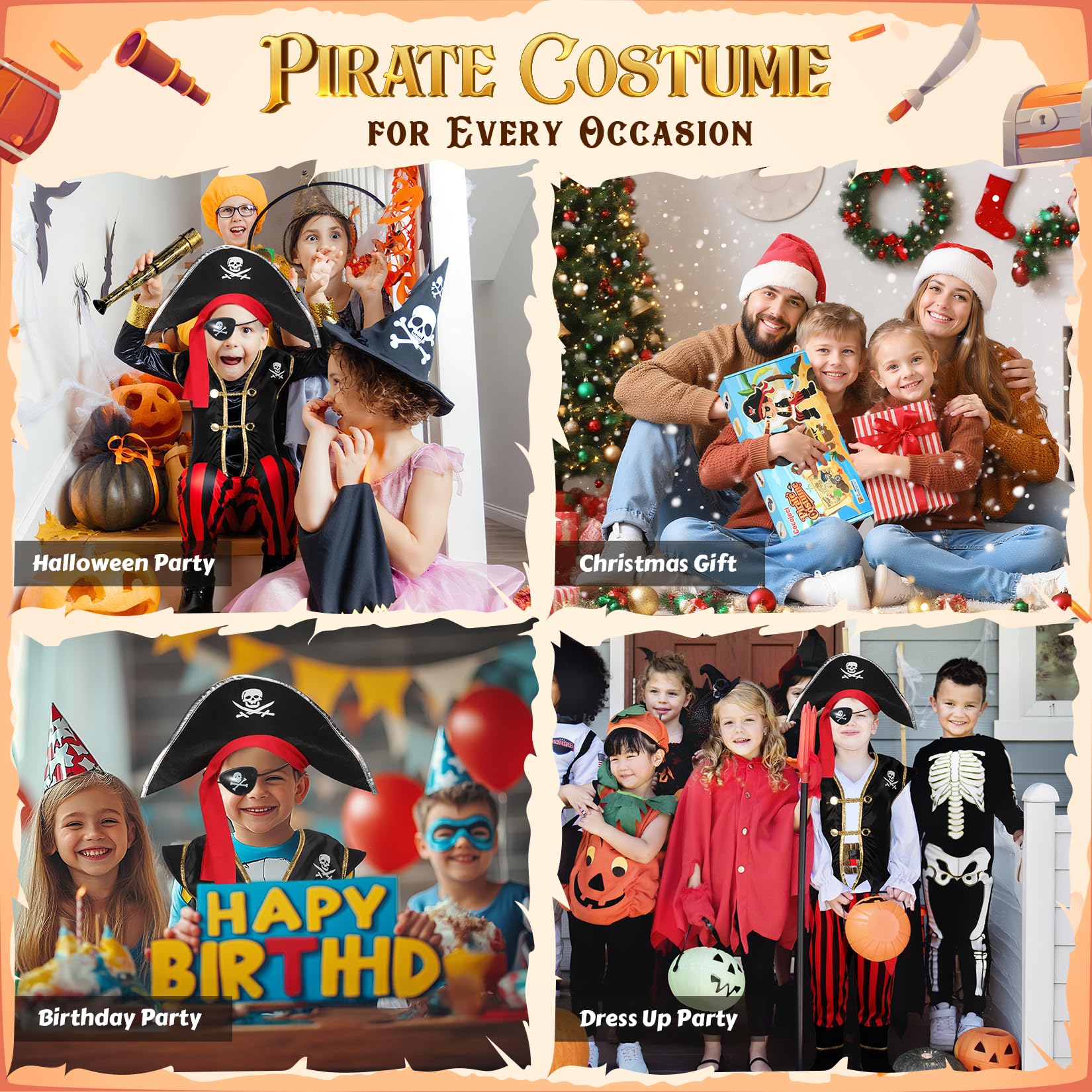 Kids All-in-One Pirate Costume Adventure Set – Red Outfit with Sword, Hat, Treasure Map, Spyglass & Gold Coins (Gift Box Ready)