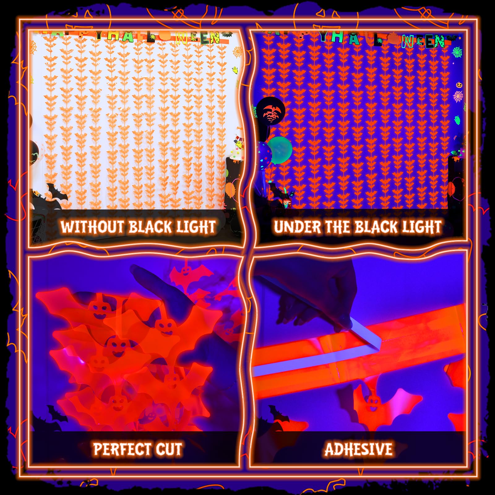 Halloween Glow in the Dark Bat Foil Fringe Curtains – 2 Pack Fluorescent Orange Tinsel Backdrop for Neon Party & Photo Booth (3.3x6.6ft)