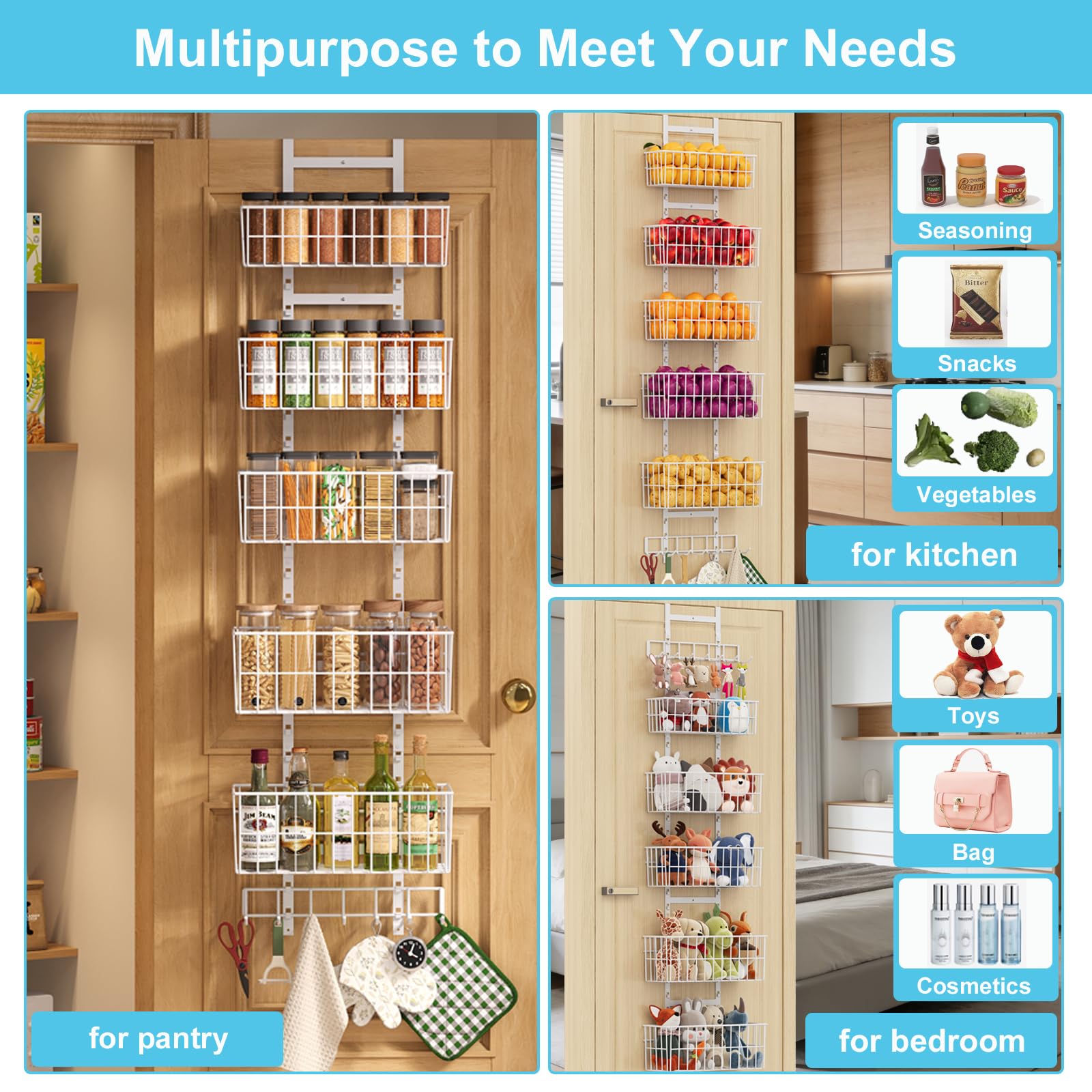 Hongtamoya Adjustable Over-the-Door Metal Organizer – 5 Wire Baskets & 7 Hooks for Pantry, Closet & Bathroom (White)