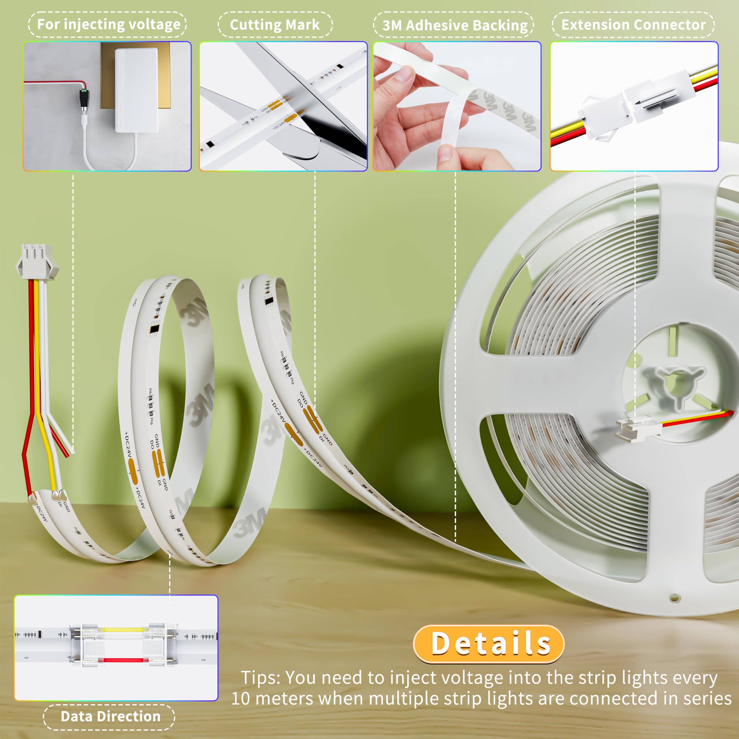 PAUTIX 24V Addressable RGBIC COB LED Strip 16.4ft – 3150 LEDs High Density DIY Smart Lighting