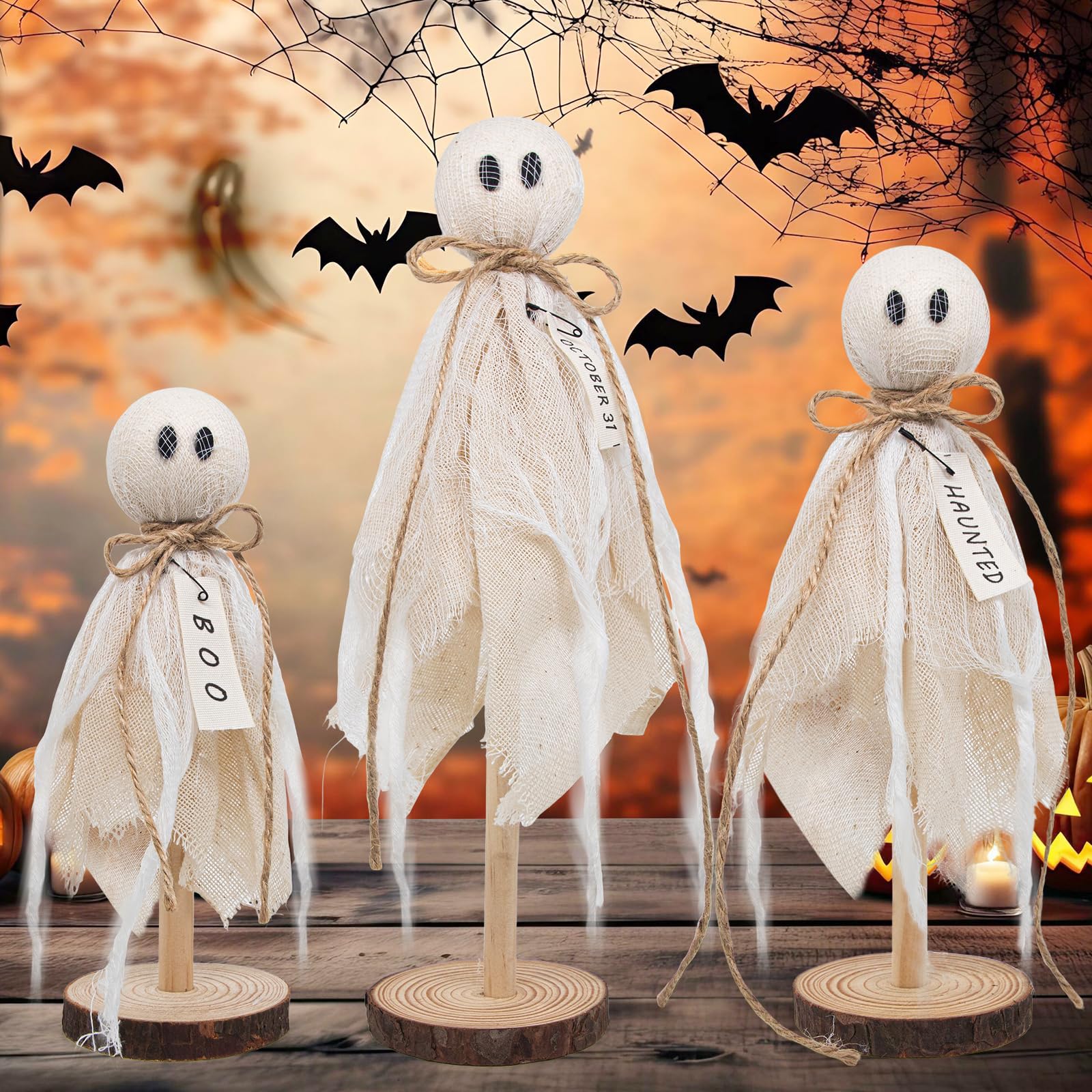 Rustic Wooden Ghost Trio – Farmhouse Halloween Decorations with BOO & Haunted Labels, 3 Sizes