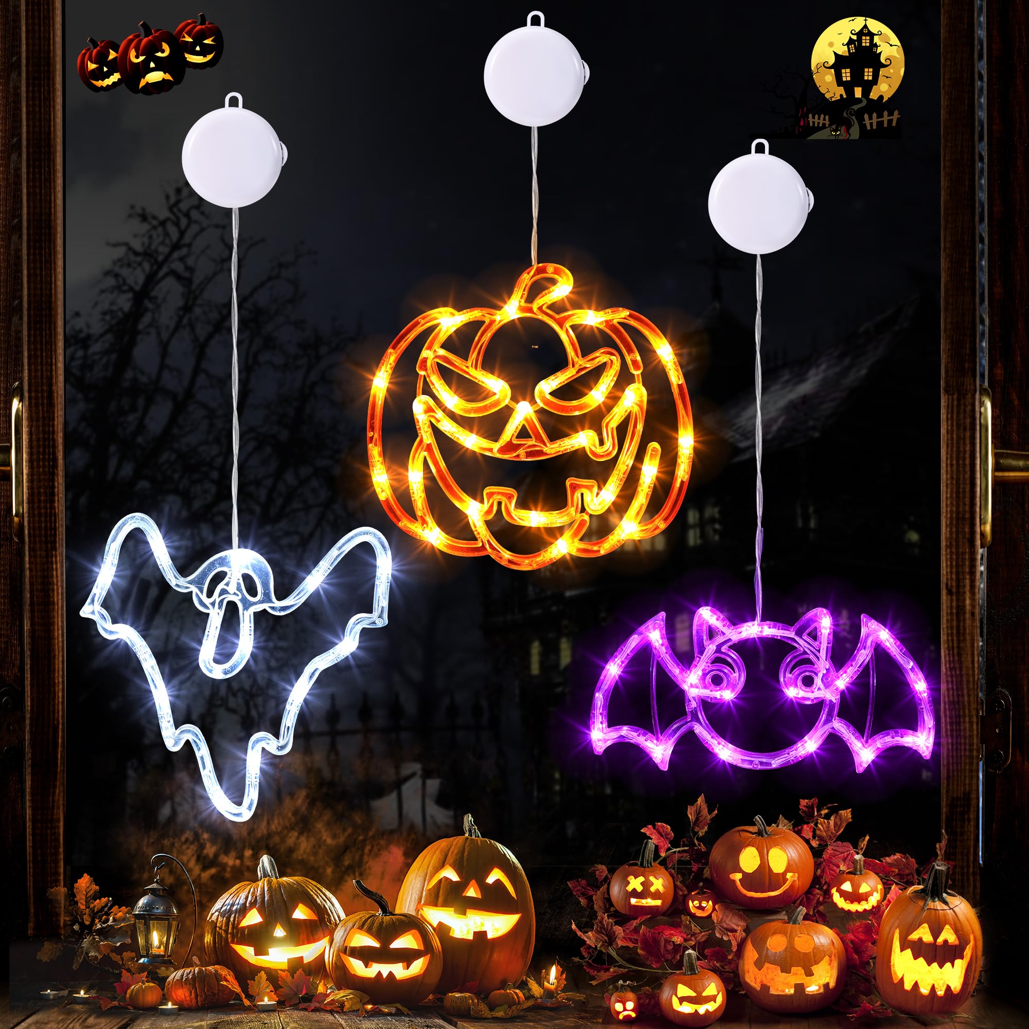 Halloween Window Lights Set – Battery-Operated LED Bat, Pumpkin & Ghost Designs with Timer & 2 Lighting Modes (Indoor/Outdoor)