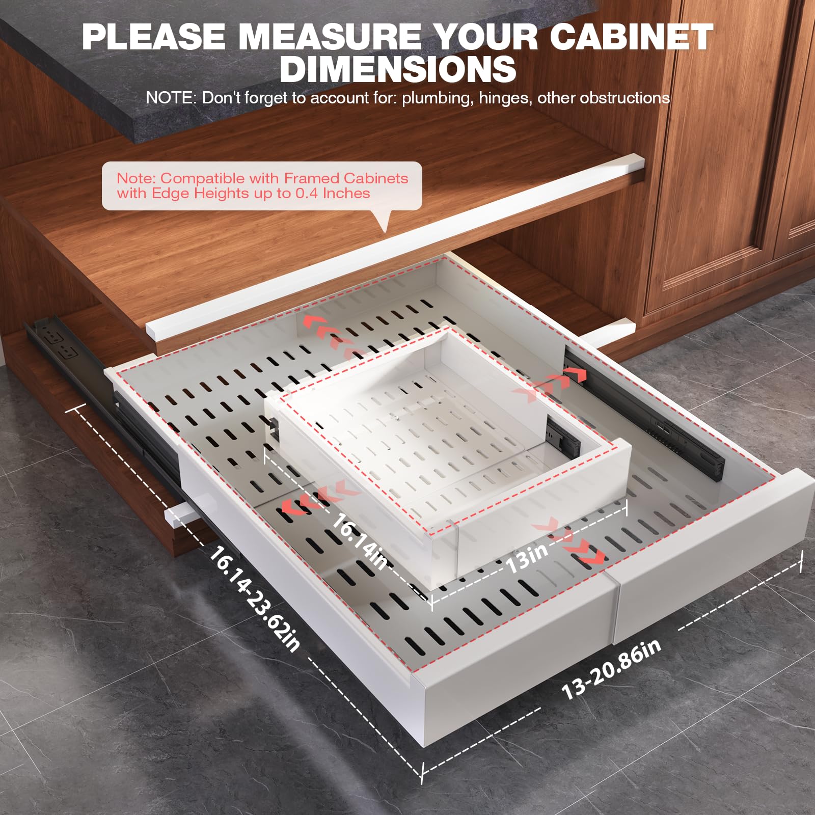 Expandable Pull-Out Cabinet Organizer – Adjustable Width & Depth Slide-Out Drawer with Raising Pads (White, 2-Pack)