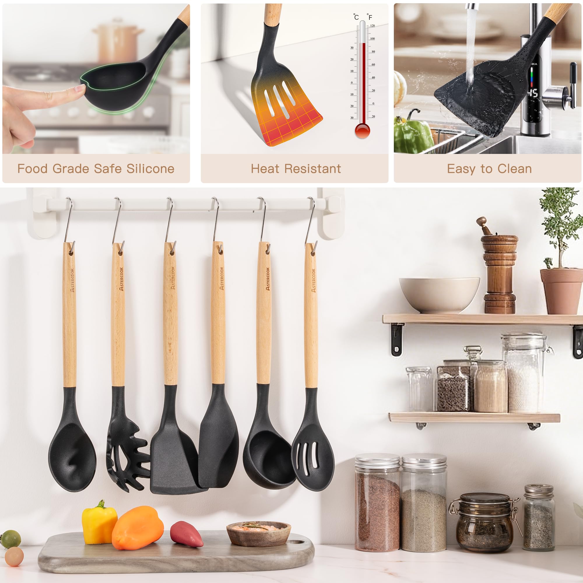 39-Piece Silicone Kitchen Utensil Set with Wooden Handles – Heat Resistant & Non-Stick Safe (Black)