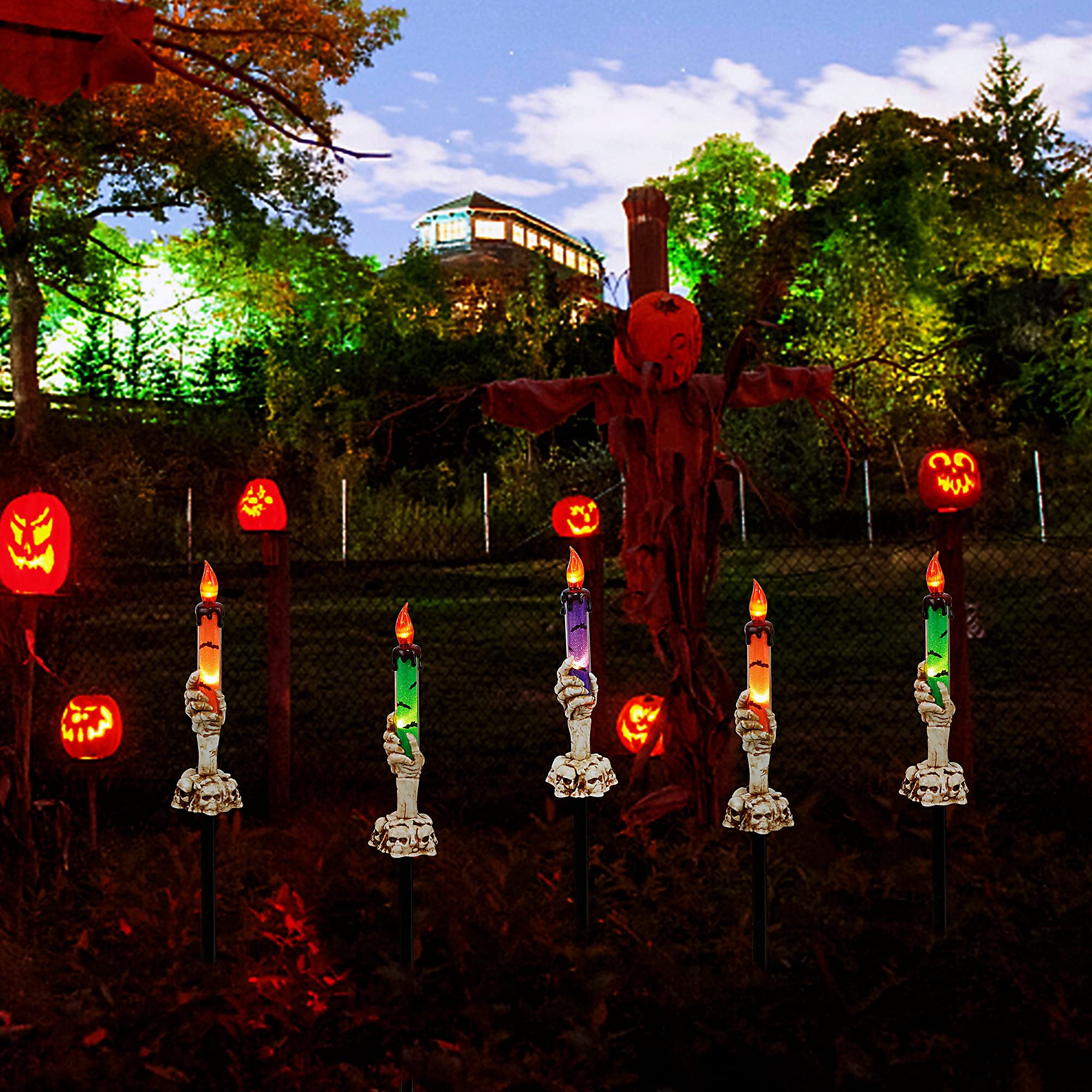 Halloween Skeleton Hand Candle Lights – Battery Operated Garden & Tabletop Decorations with Timer (Black, 2-Pack)