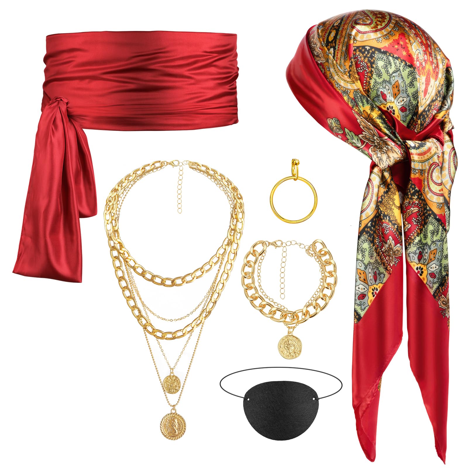 Red Pirate Accessory Set for Women – Bandana, Sash, Necklace, Bracelet, Eye Mask & Earring Kit