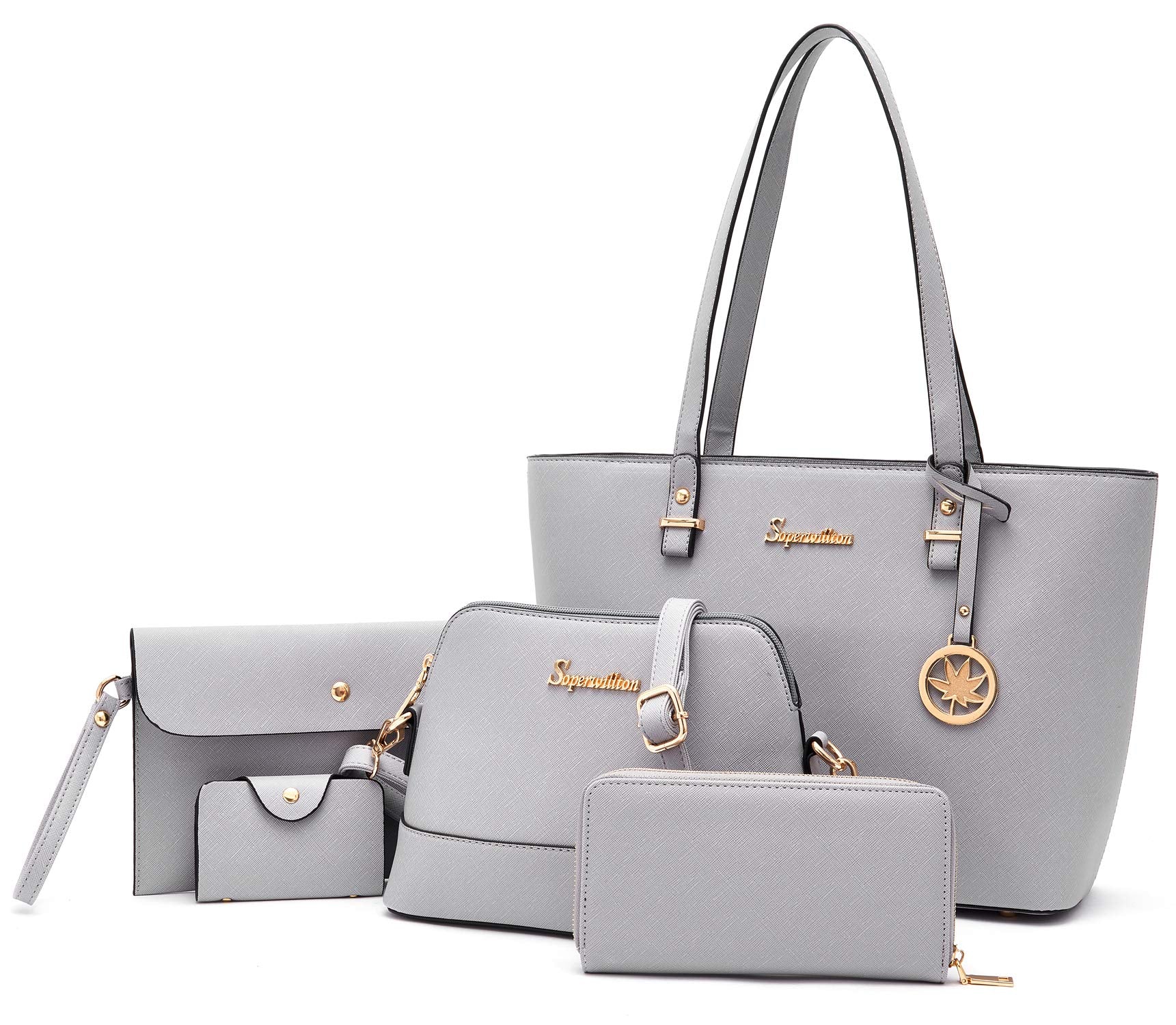 Soperwillton 5-Piece Handbag Set for Women – Tote, Shoulder Bag, Wallet & Clutch Purse Set (Grey)