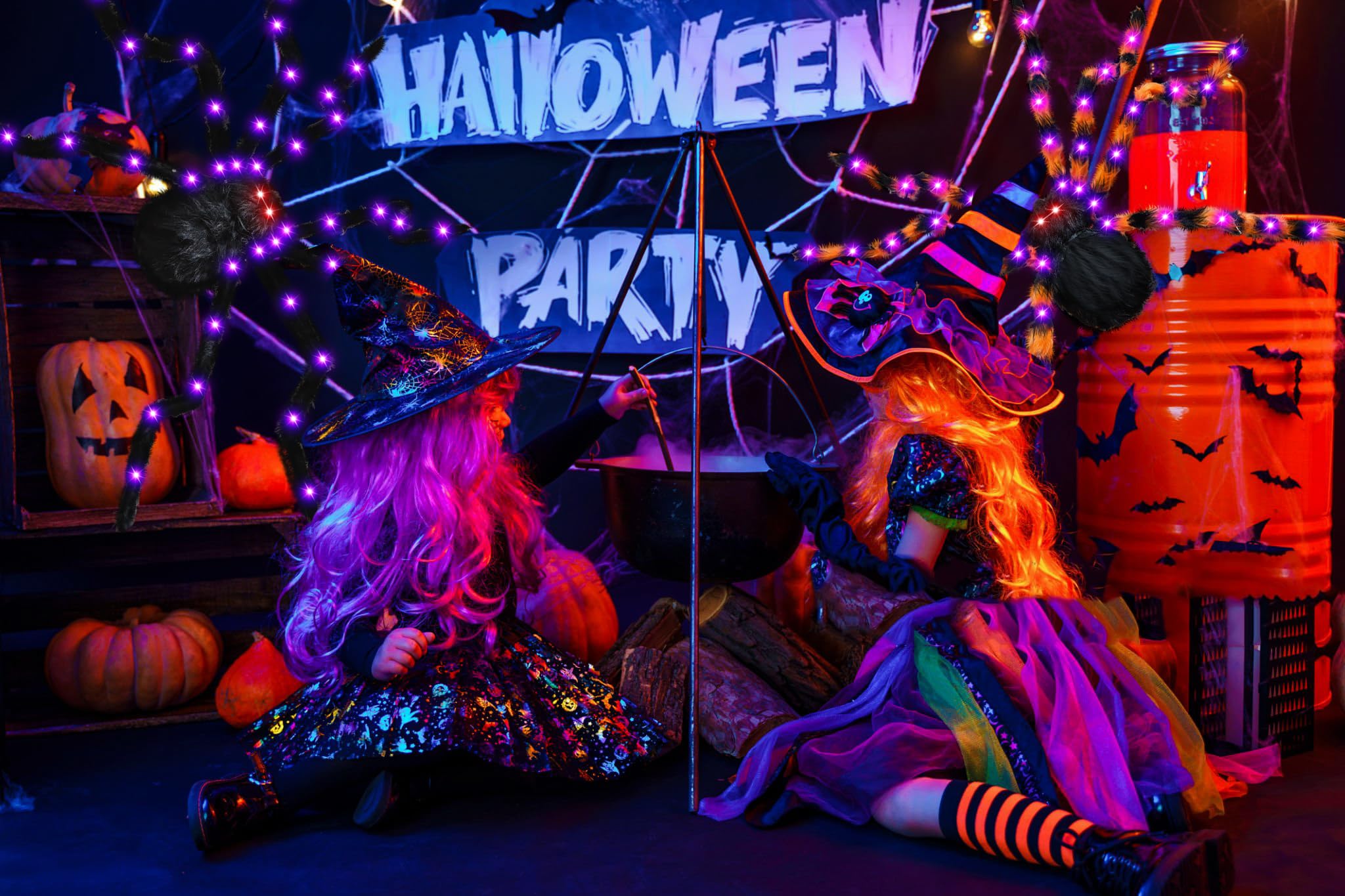 Giant Light-Up Halloween Spider – 59" Black Hairy Spider with 36 LED Purple Lights & Red Eyes