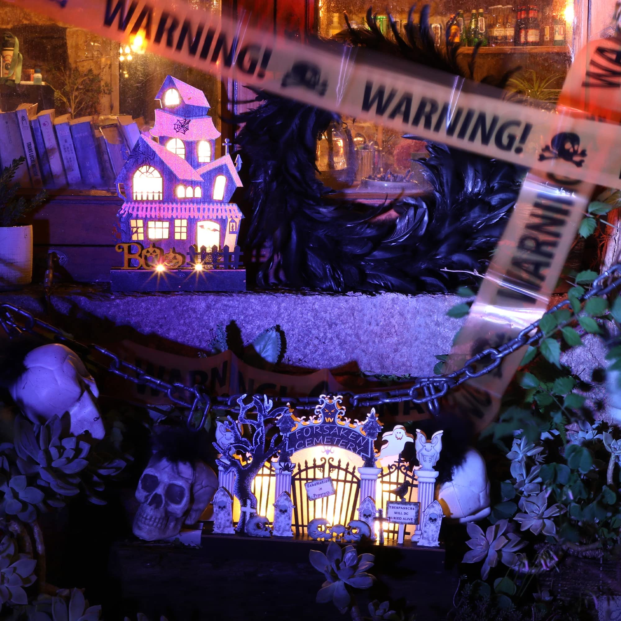 Lulu Home Lighted Wooden Halloween House – Tabletop Boo Villa with LED Lights & Classic Spooky Design (Orange, 10.6x6.7 in)