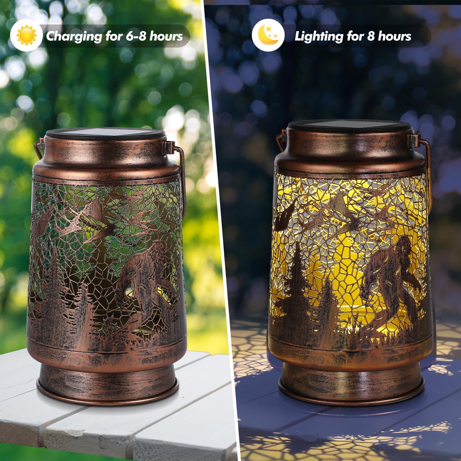 Bigfoot Solar Lantern – Gold Bronze Metal LED Outdoor Light with Waterproof Design & Rustic Hollow Pattern