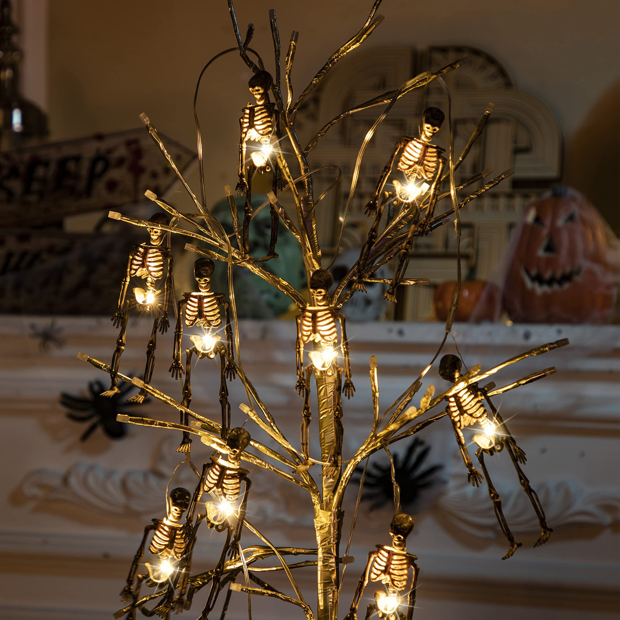 Halloween Skull String Lights – 2M Warm White LED, 20 Lights with 10 Skeletons, 8 Modes, Battery Powered Indoor/Outdoor Décor