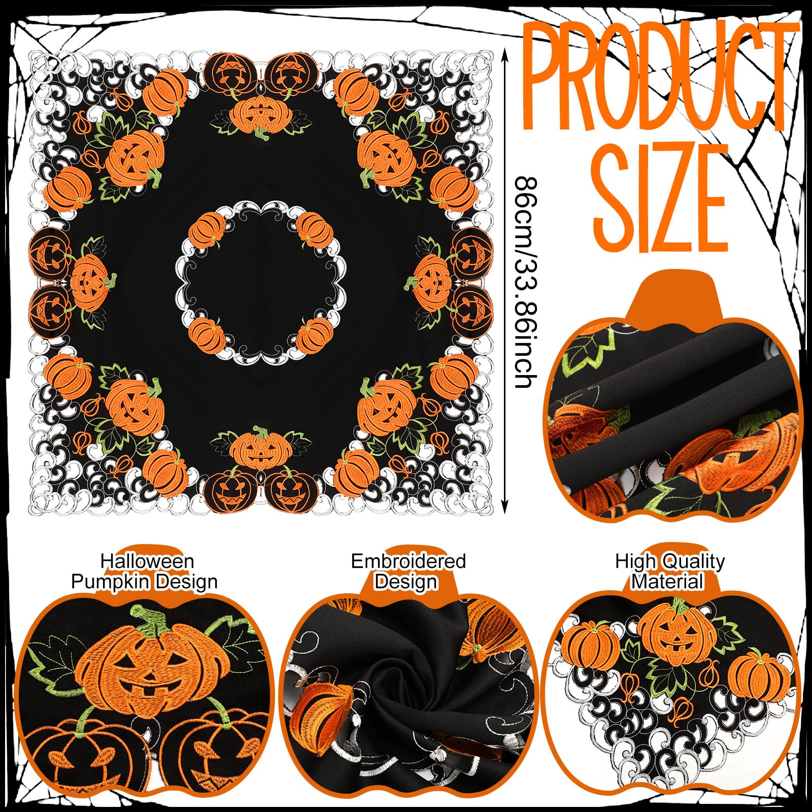 Halloween Pumpkin Embroidered Tablecloth – Square 33.8" x 33.8" Black & Orange Polyester