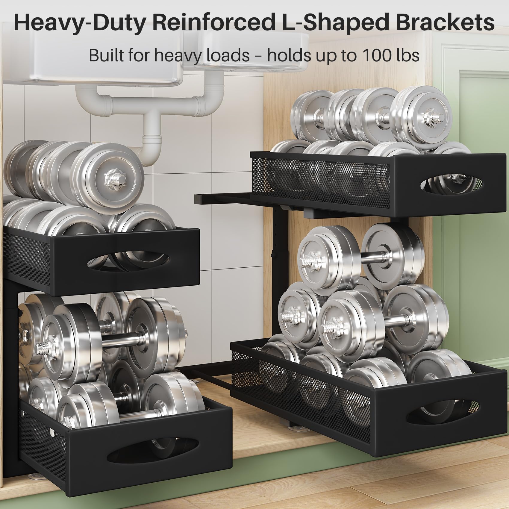 2-Tier Under Sink Organizer with Mesh Slide-Out Drawers – Heavy-Duty Adjustable Cabinet Storage (Black)