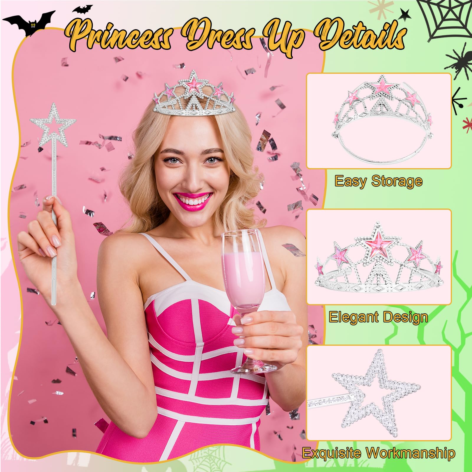 Green & Pink Witch Costume Accessory Set – Glitter Crown, Star Wand, Witch Hat & Gloves 💚🌸✨