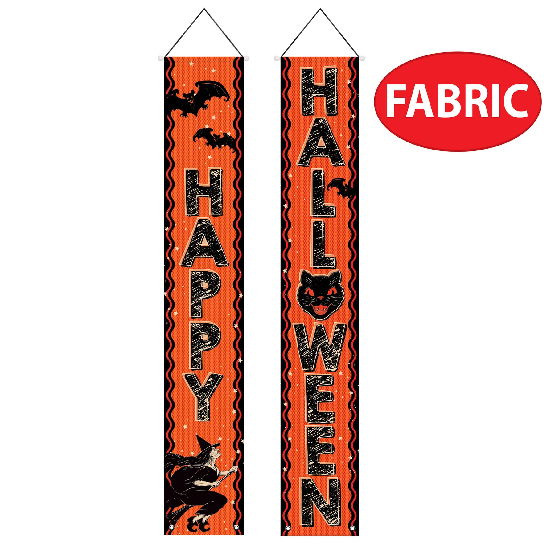 Vintage Halloween Door Panel Set – 2PCS “Happy Halloween” Fabric Banners with Witch, Bat & Black Cat Design