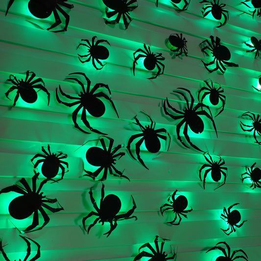 36-Pack Green Light-Up 3D Halloween Spiders – Glow Wall Decorations in 4 Sizes for Party, Windows & Indoor Haunted Decor