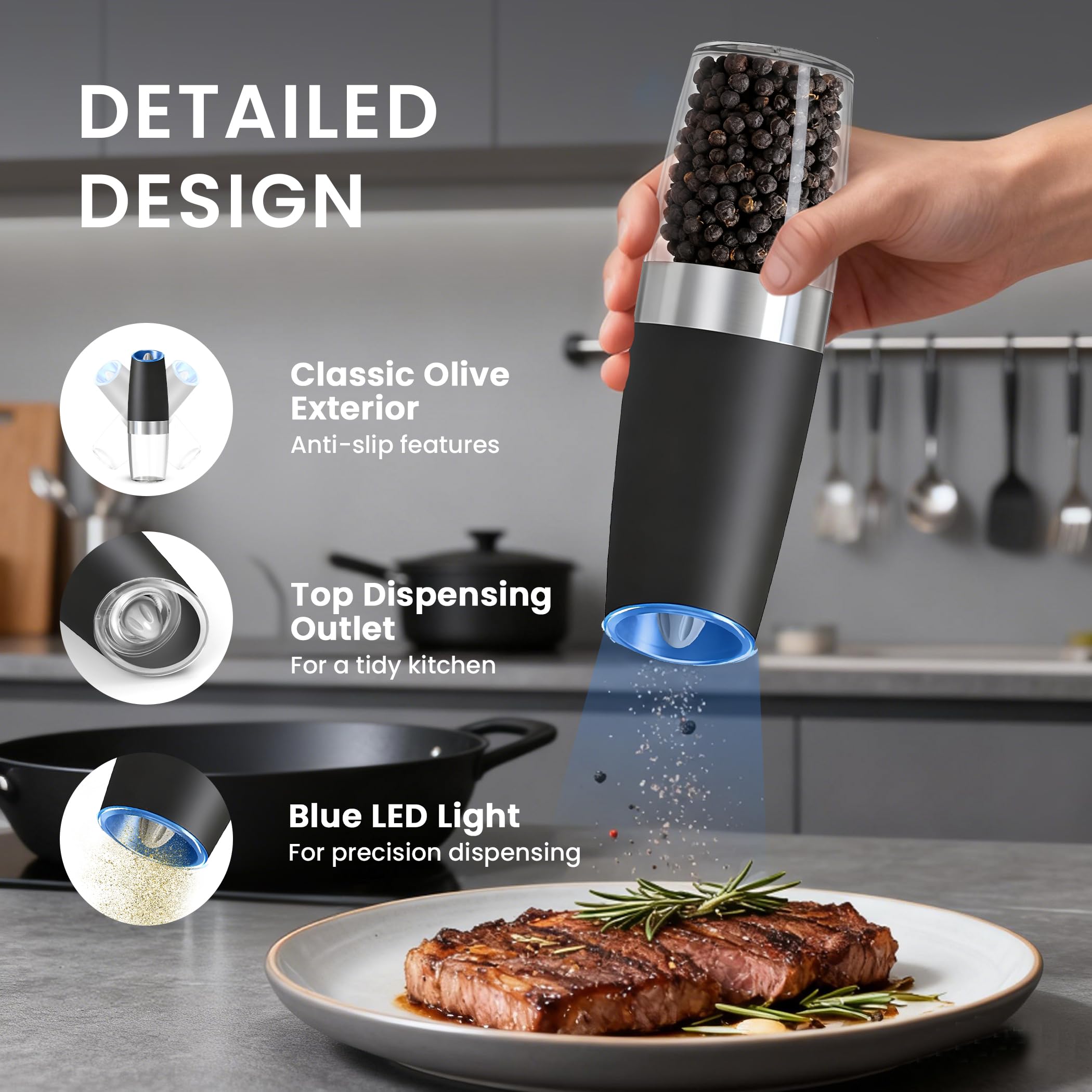 UNNEES Electric Salt & Pepper Grinder Set – Gravity Sensor, Adjustable Coarseness & LED Light