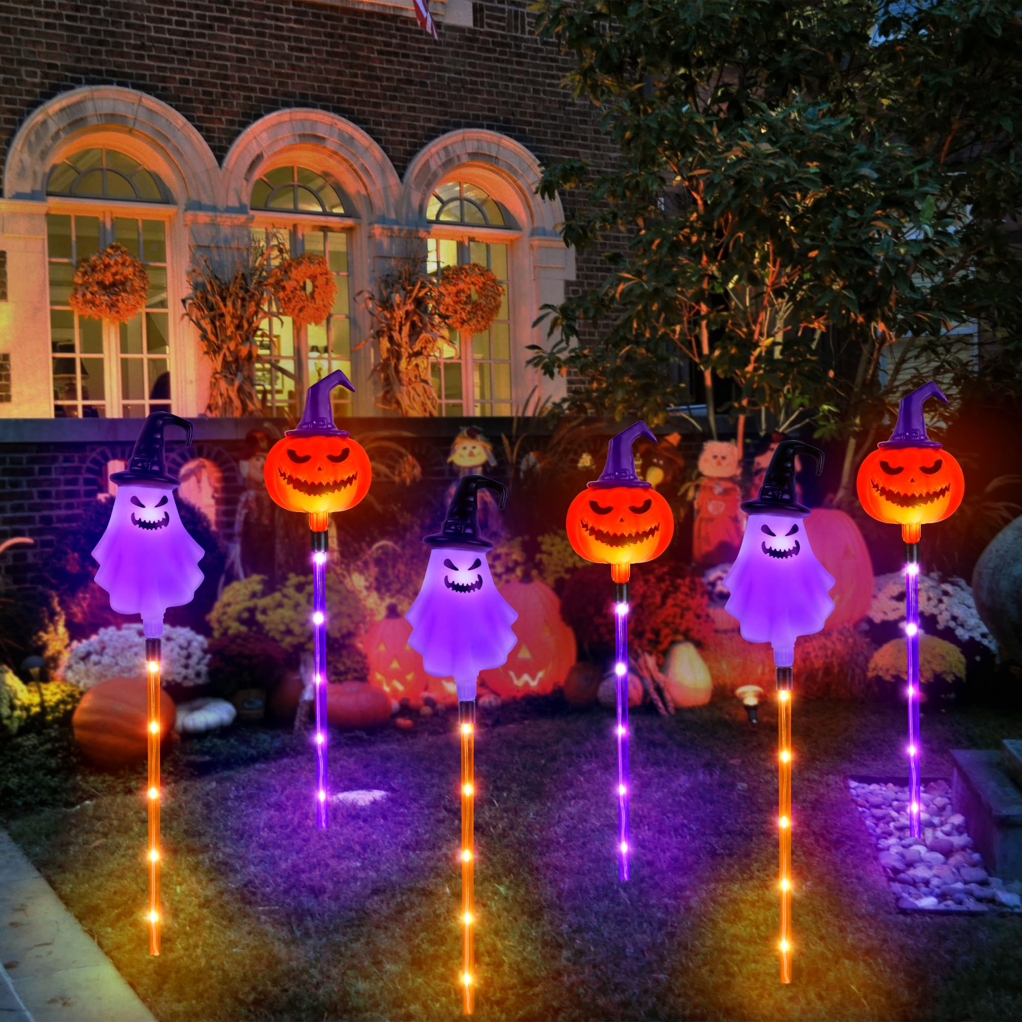 Solar Halloween Pathway Lights 2024 – 6-in-1 Purple & Orange LED Pumpkins & Ghosts with 8 Modes & Waterproof Design