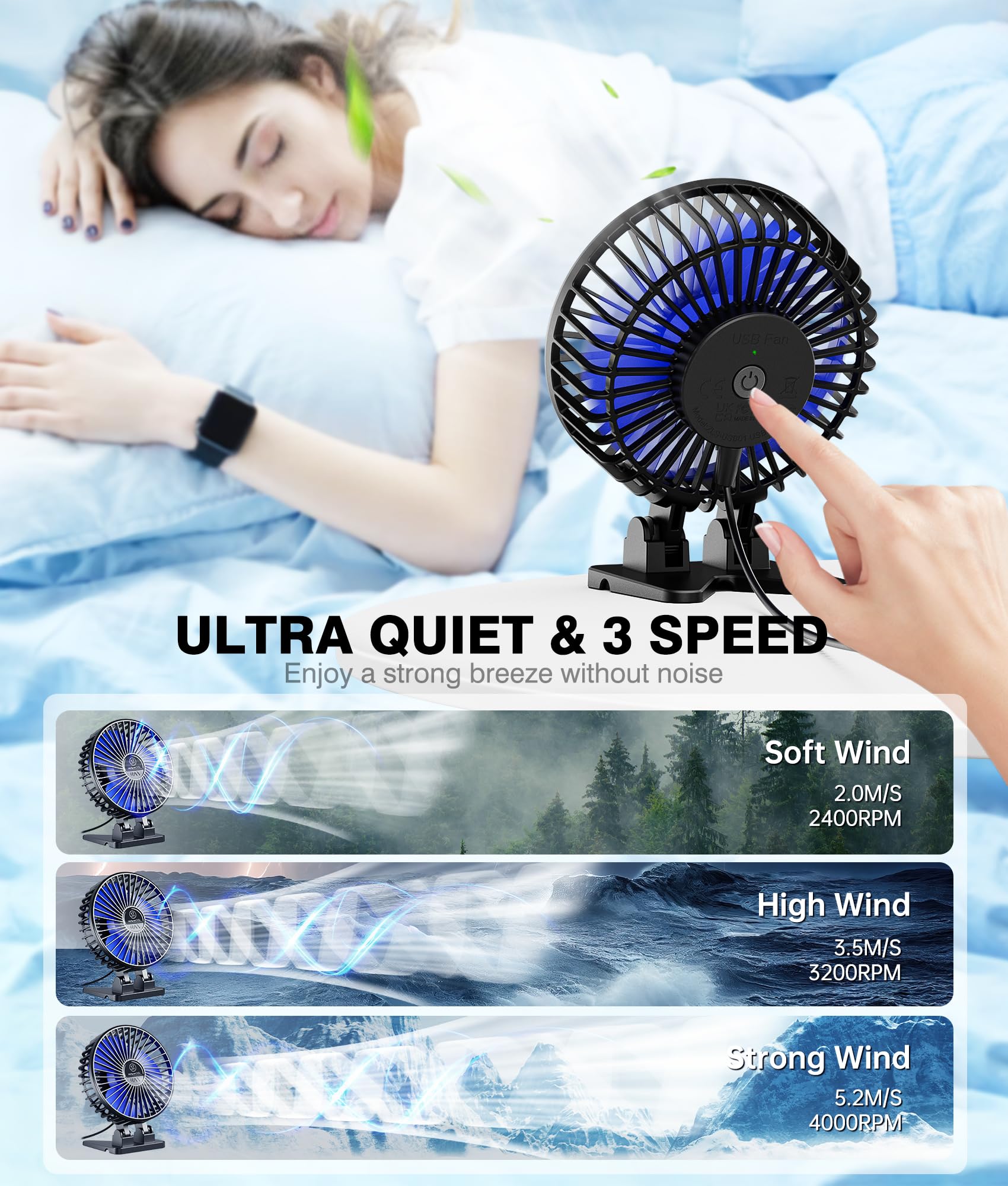 JZCreater Mini USB Desk Fan Portable 3 Speed Quiet Personal Cooling Fan for Office Home Travel Black Blue