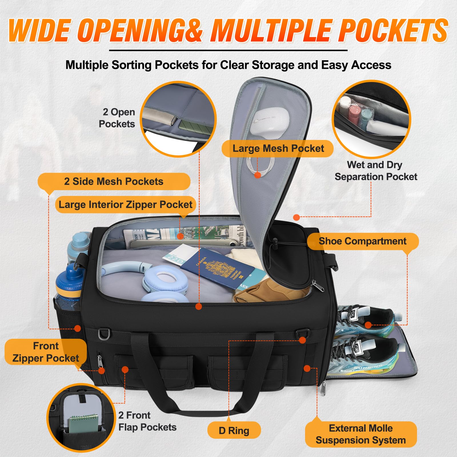 RAINSMORE 45L 3-in-1 Gym Backpack & Duffle Bag – Waterproof Carry-On Weekender with Shoe Compartment (Black)