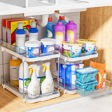 DELAMU 2-Tier Stackable Under Sink Organizer (2-Pack) – Pull-Out Acrylic Cabinet Storage with Adjustable Dividers (White)