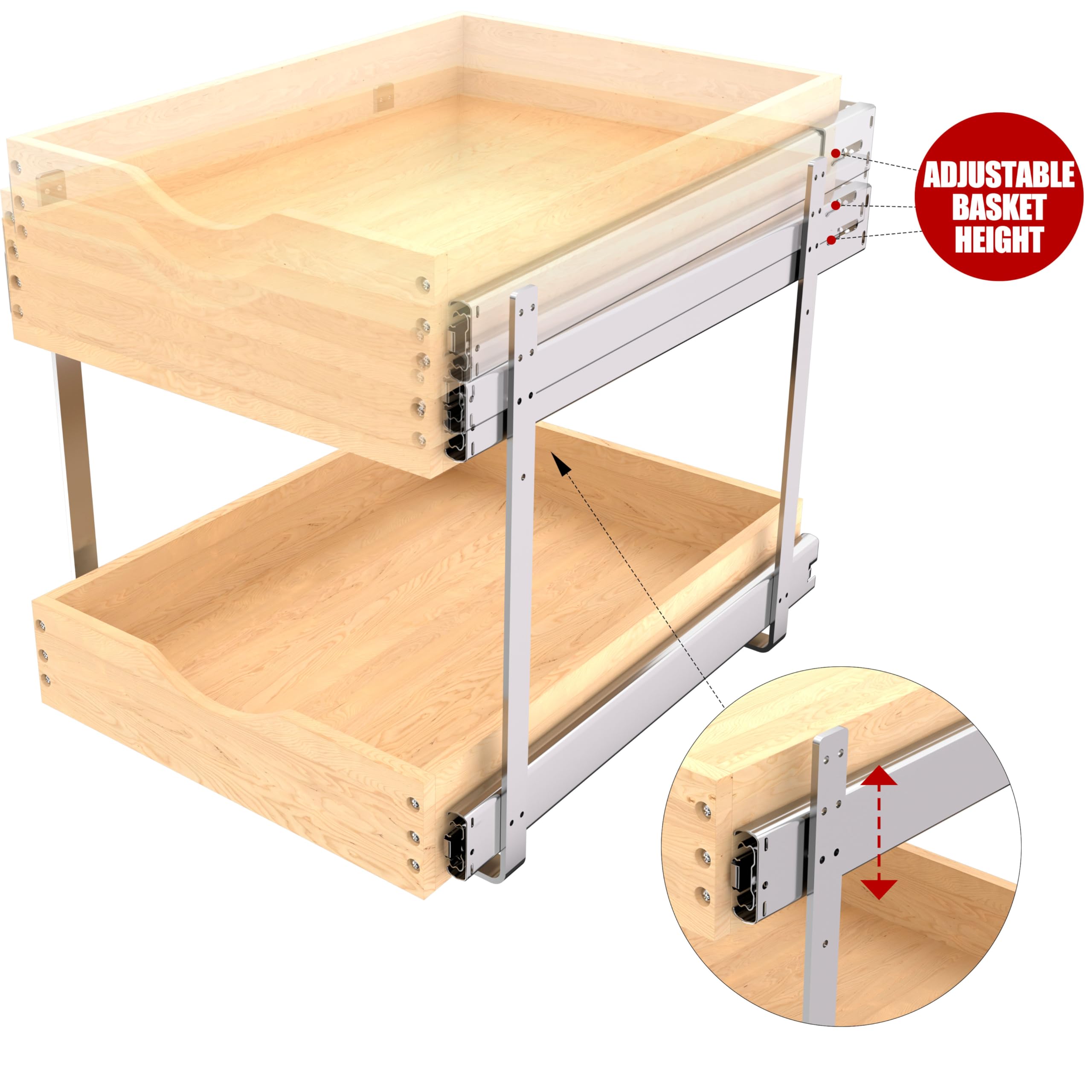 Jowboow Compact 2-Tier Wooden Pull-Out Cabinet Shelves – Heavy-Duty Independent Slide-Out Drawers
