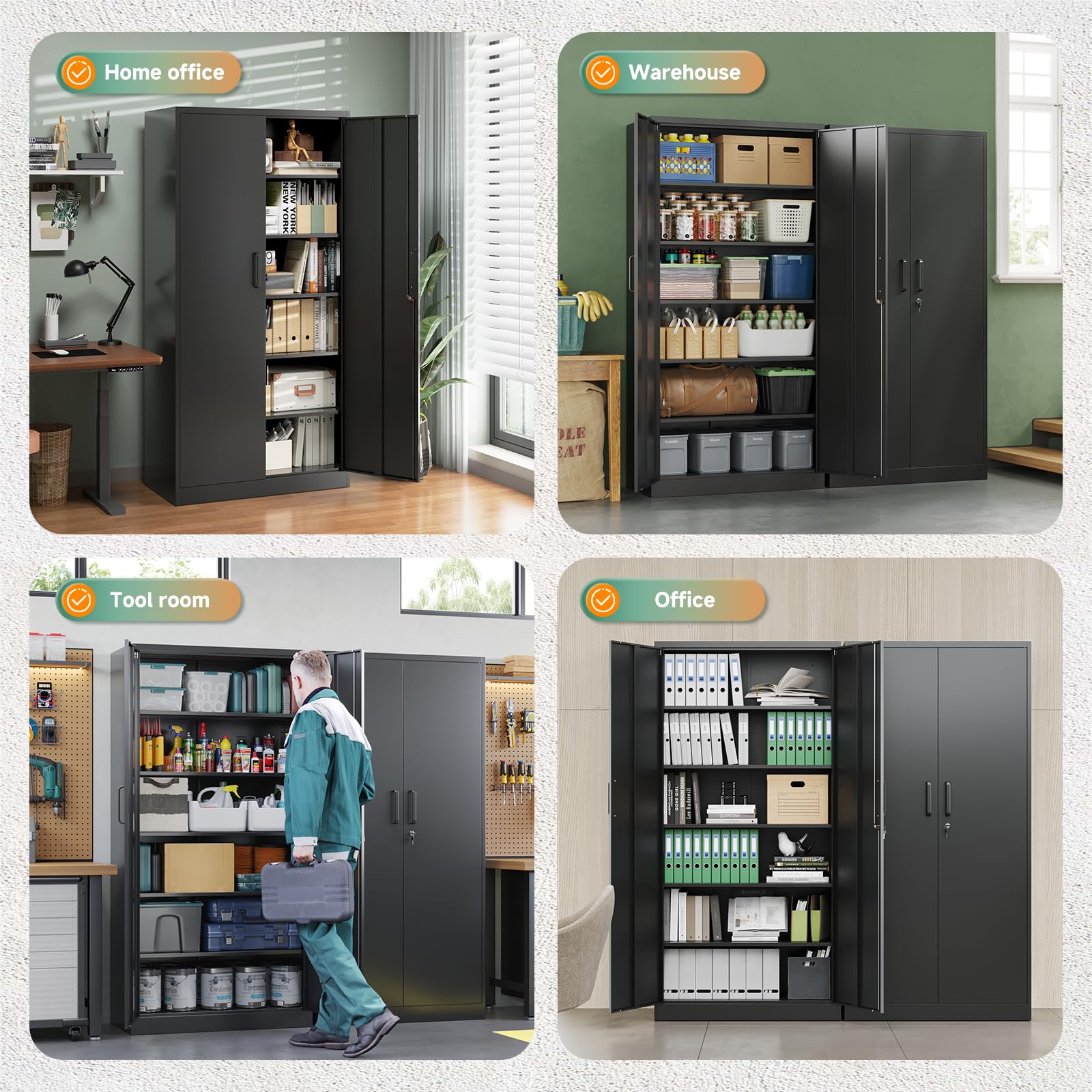 LETAYA Heavy-Duty Metal Storage Cabinet with Locking Doors – Tall Steel Locker with Adjustable Shelves for Garage & Office (Black)