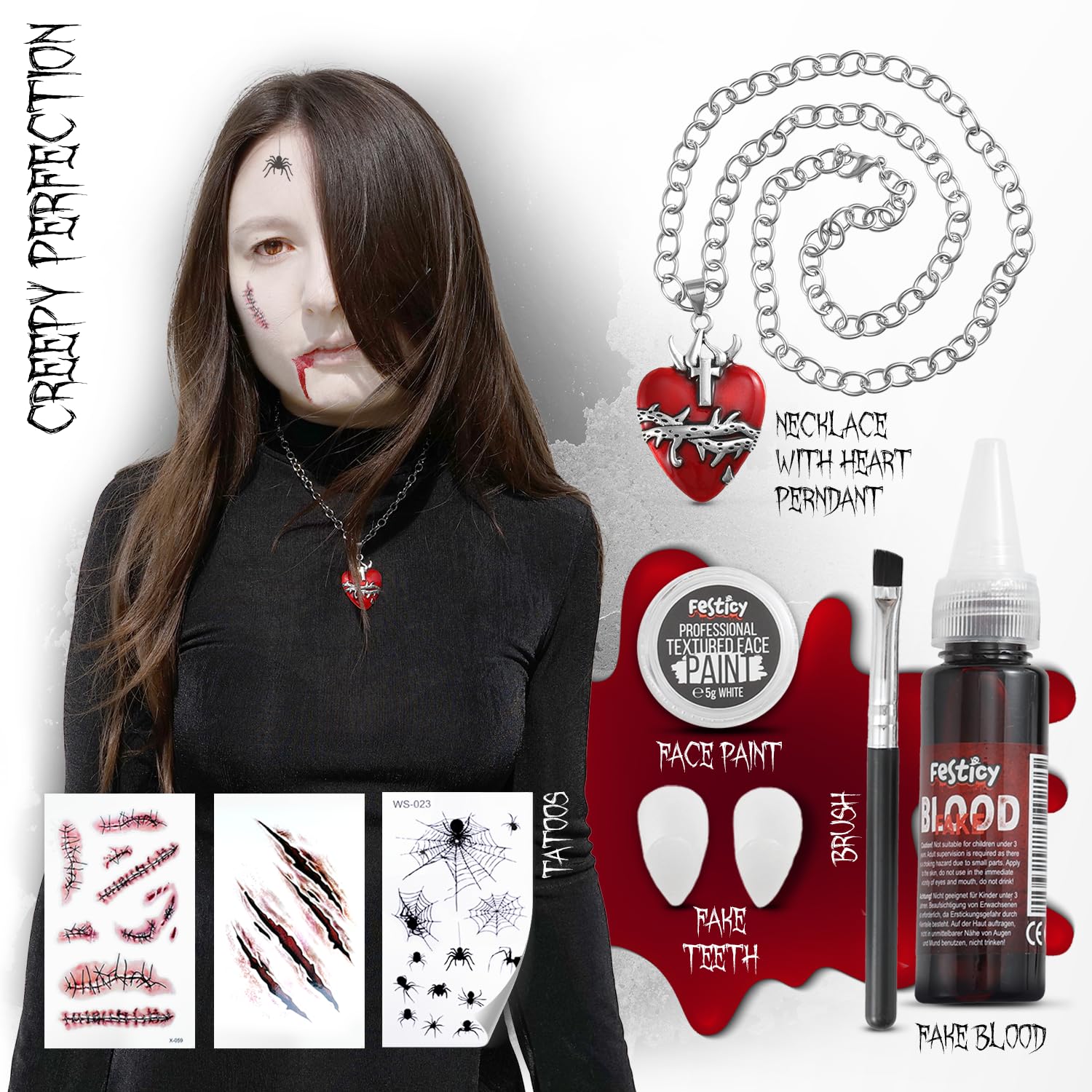 Vampire Makeup & Accessory Kit – Complete Halloween Set with Fake Blood, Fangs, Tattoos, White Face Paint & Necklace