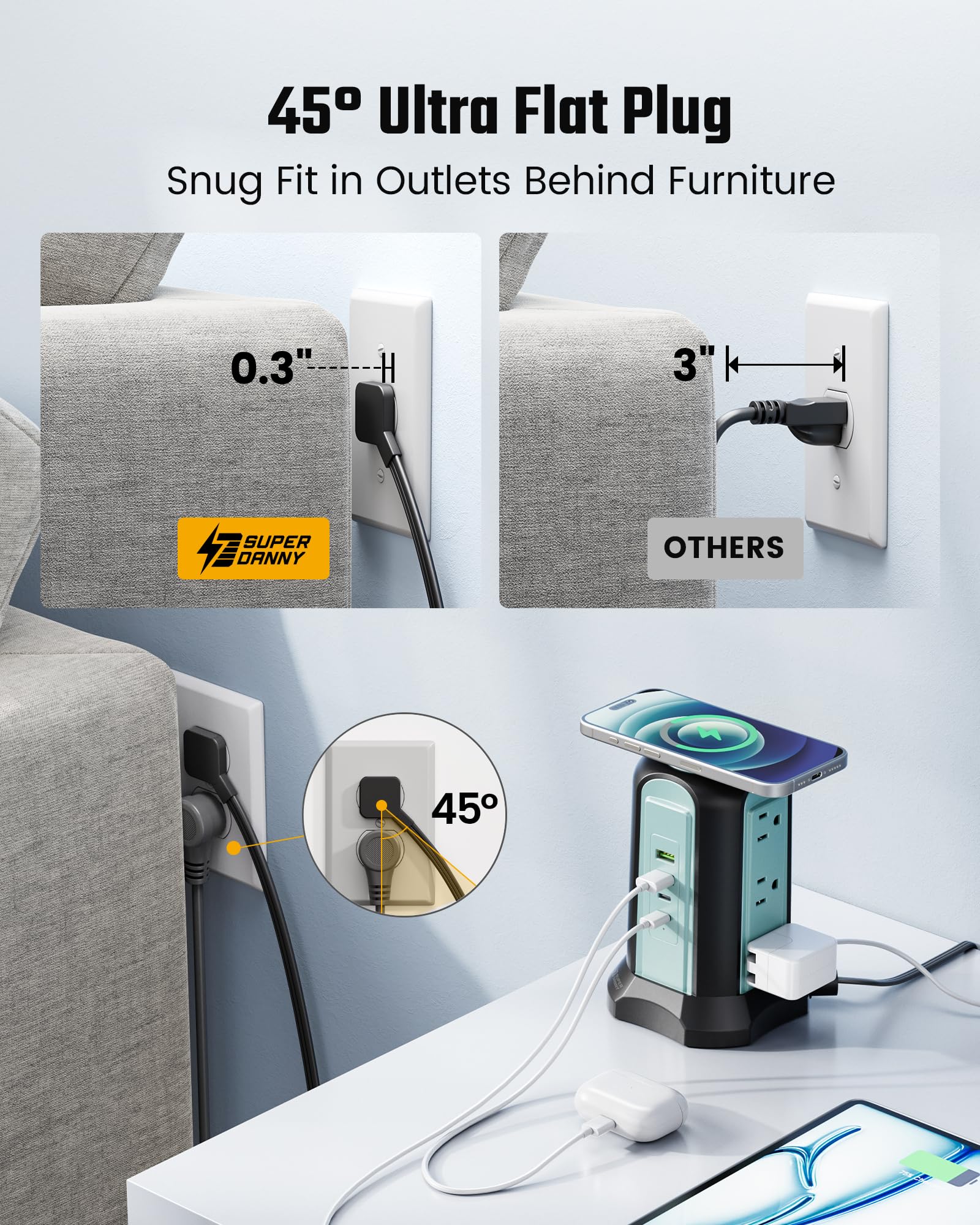 Surge Protector Tower with Wireless Charger – 9 AC Outlets, 4 USB Ports & 10Ft Extension Cord