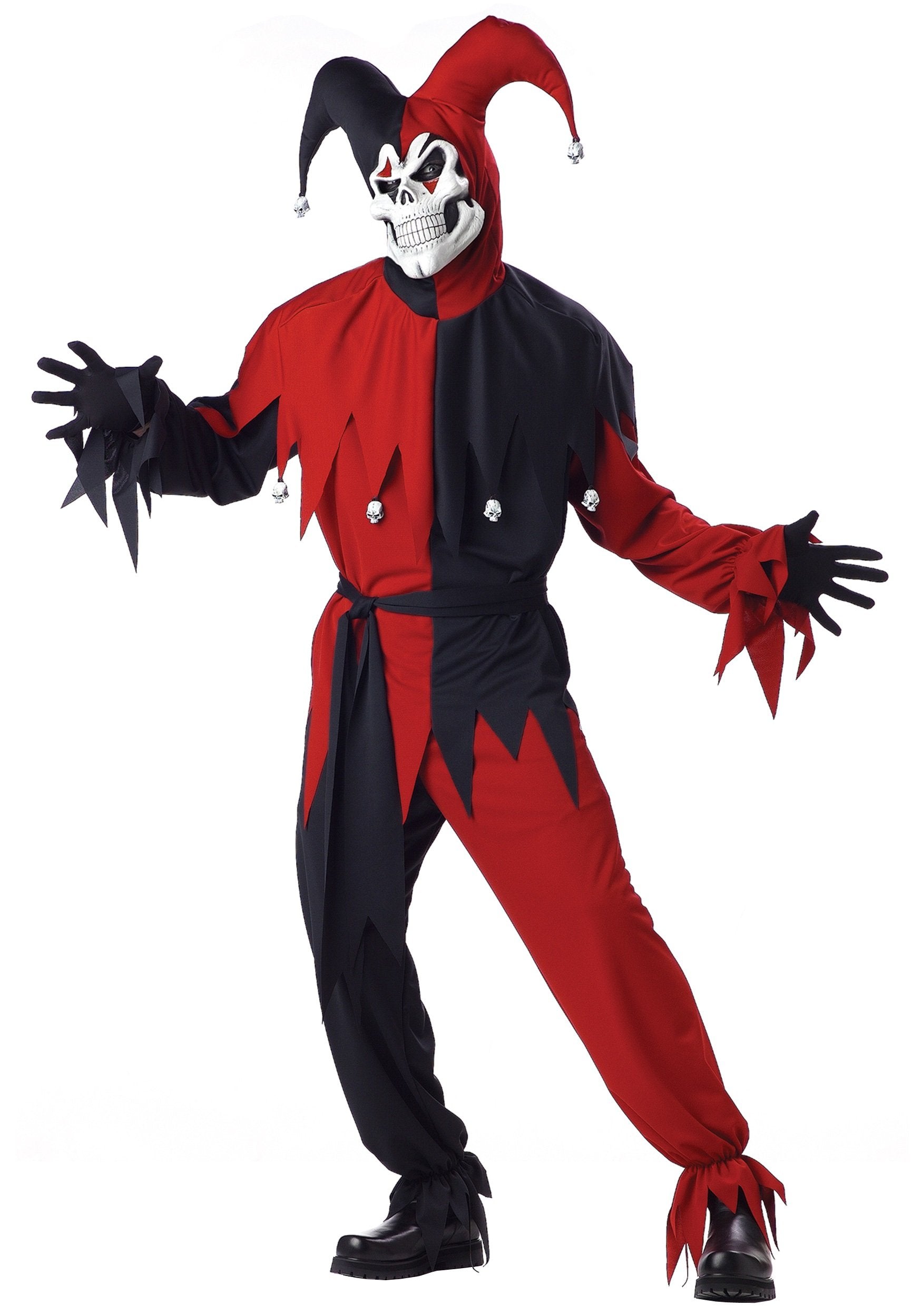 Red & Black Evil Jester Costume – Men’s X-Large Halloween Outfit with Skull Headpiece & Mask