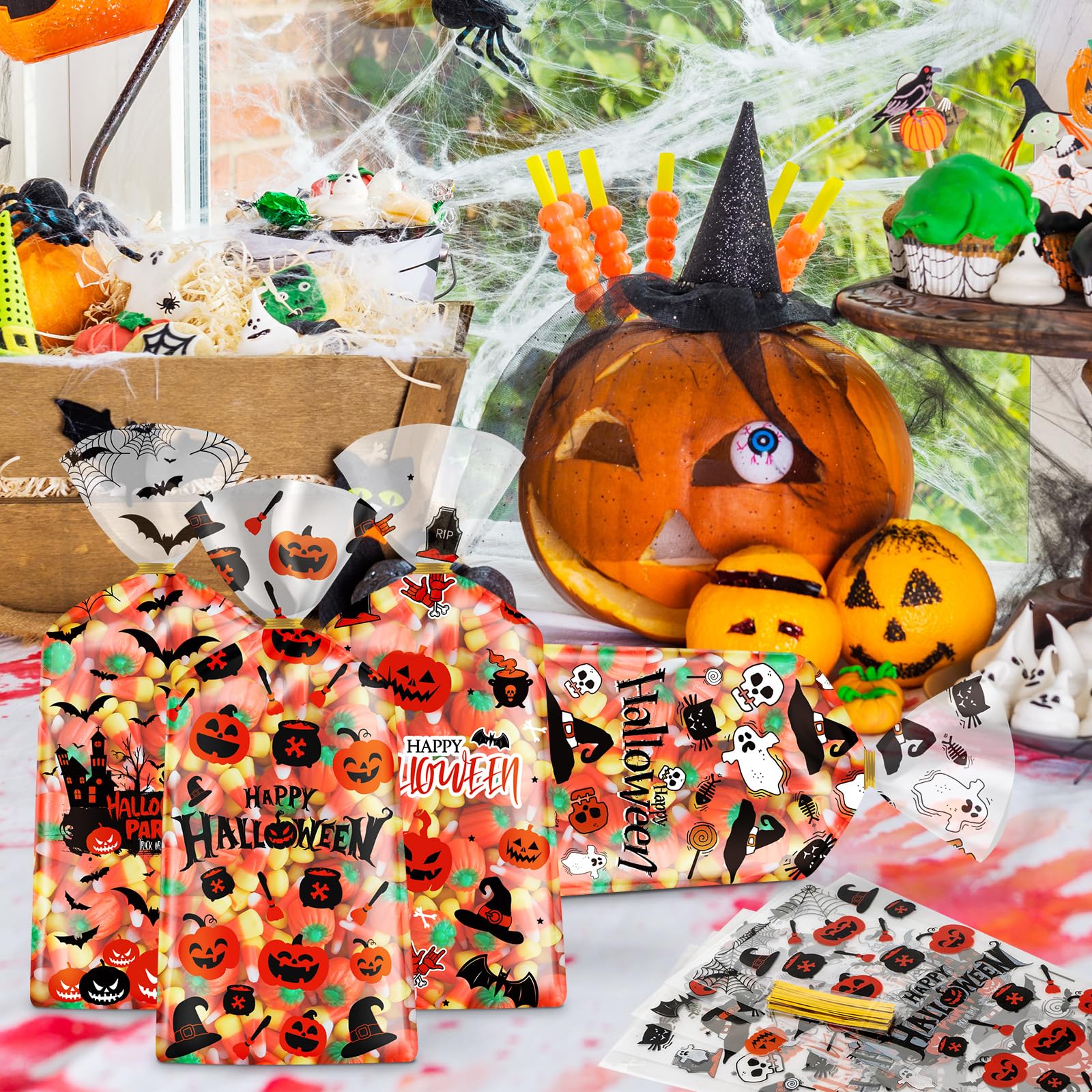 100 Pcs Halloween Treat Bags - Happy Halloweens Goodie Bag, Plastic Halloween Pumpkin Cellophane Bag Bulk, Clear Gift Goody Candy Bags with Twist Ties for Halloweens Party Supplies Favors Decorations